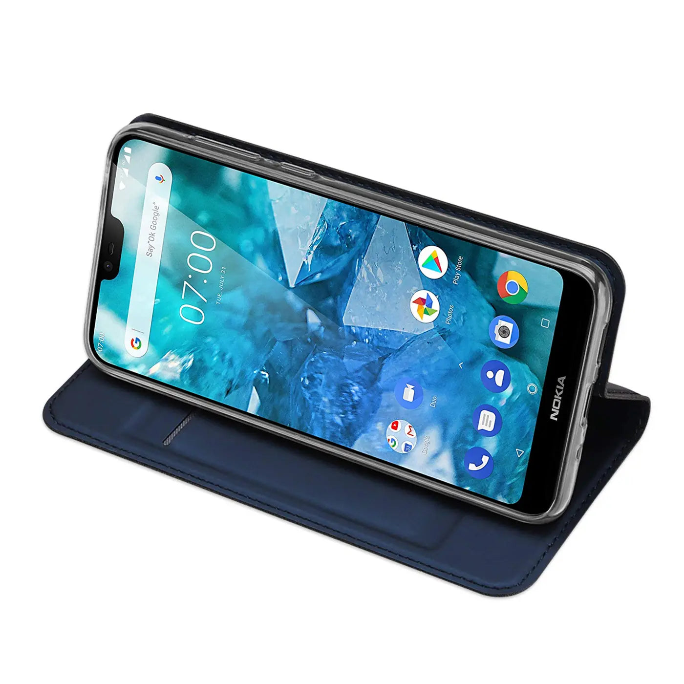 Dunkelblaue Leder-Flip-Hülle für Nokia 3.2, von vorne schräg gezeigt.