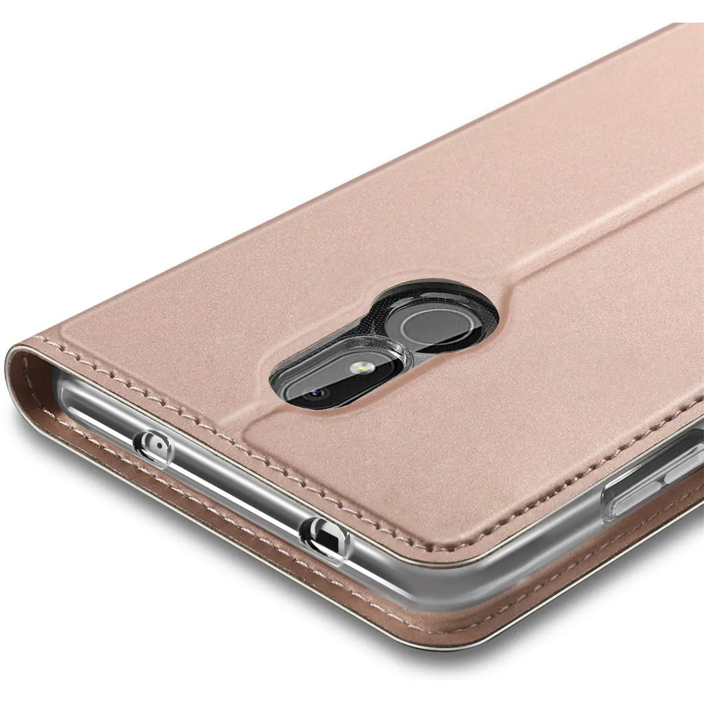 Rosafarbene Klapphülle aus Kunstleder für Nokia 3.2, Nahaufnahme von hinten.