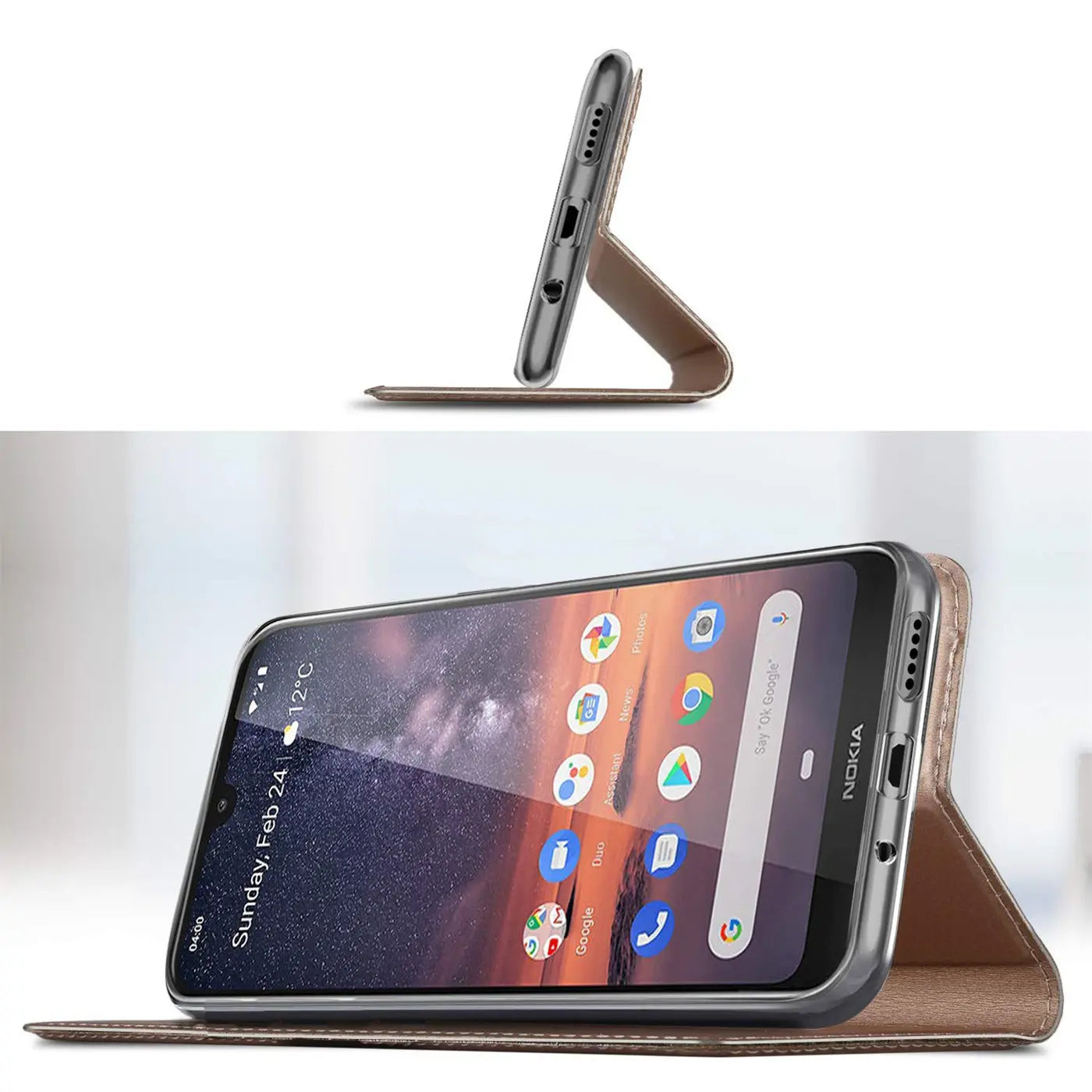 Nokia 3.2 in brauner Leder-Flip-Hülle, von vorne und von der Seite gezeigt.