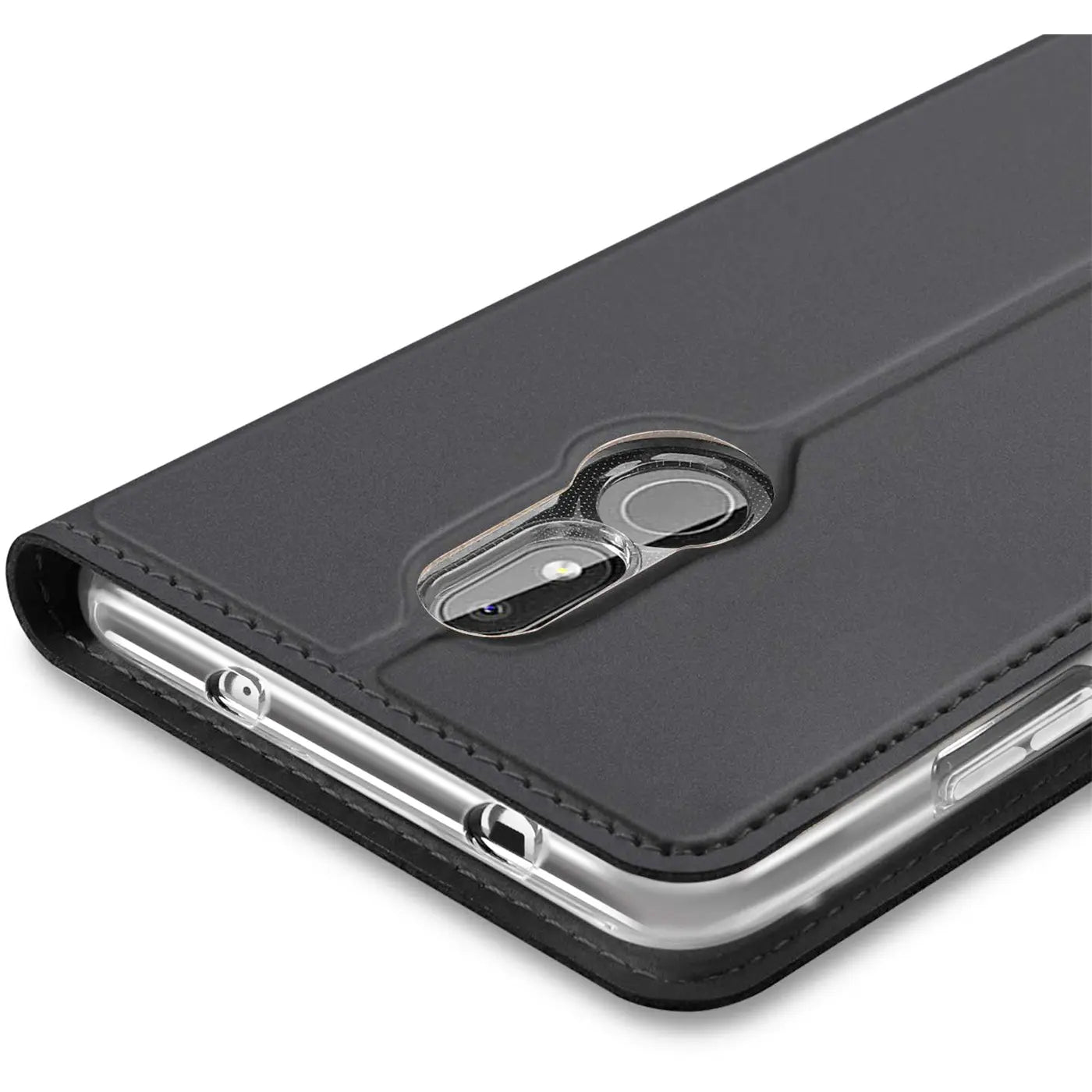 Schwarze Leder-Flip-Hülle für Nokia 3.2, Nahaufnahme von der Rückseite, mit Kameraaussparung