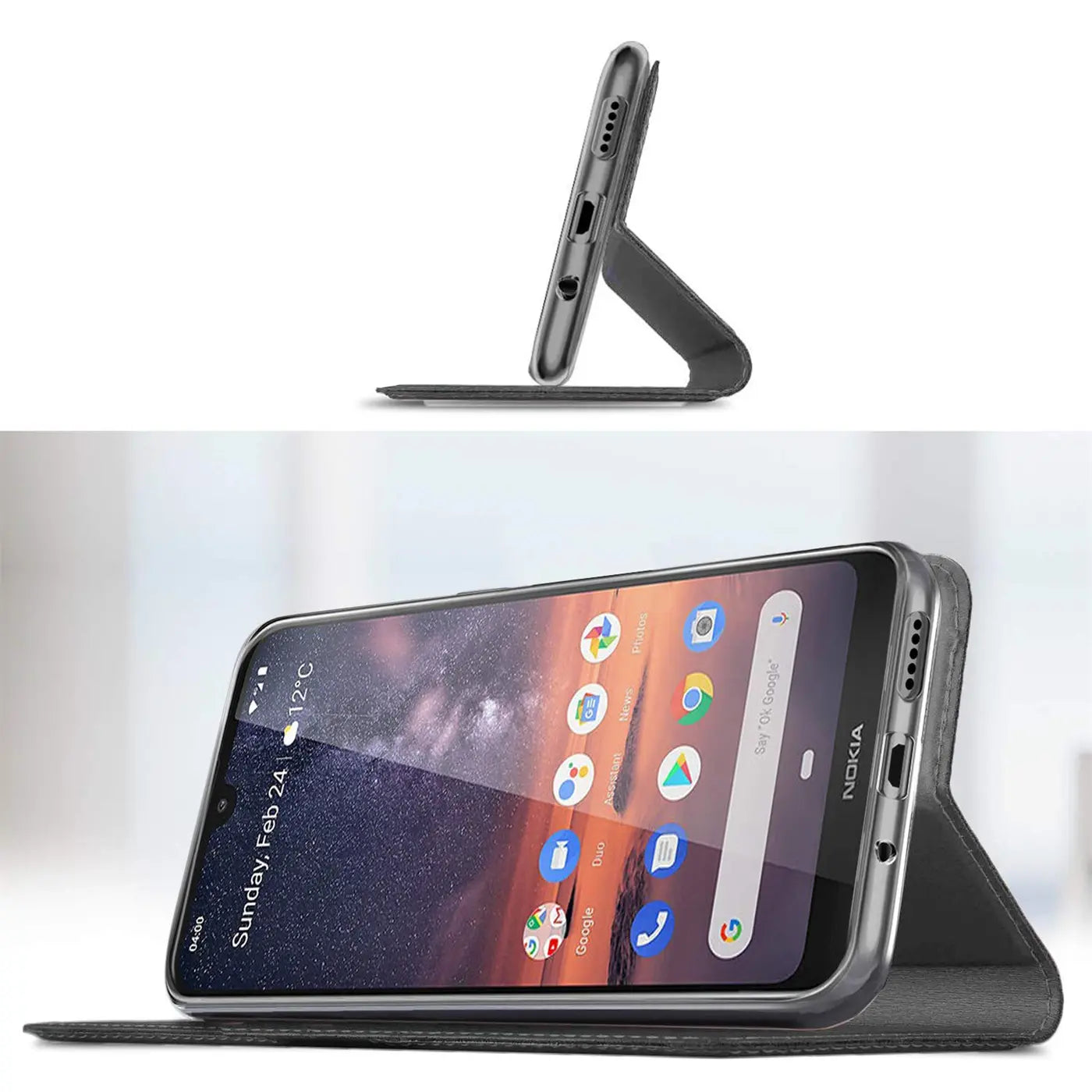 Graue Klapphülle aus Kunstleder für Nokia 3.2, seitliche Ansicht, mit Ständerfunktion.