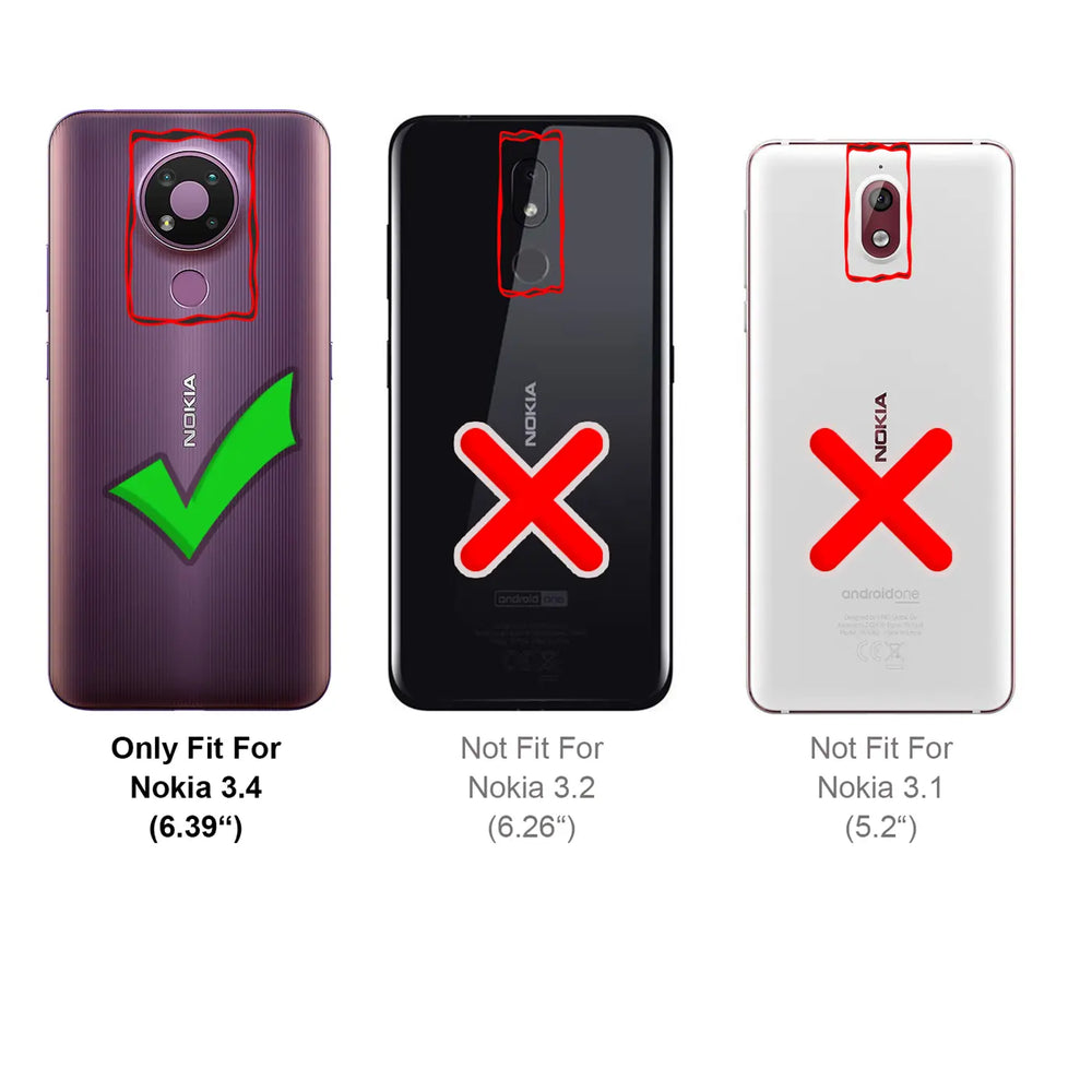 Rückseite Nokia 3.4 (lila) mit Häkchen, 3.2 (schwarz) & 3.1 (weiß) mit Kreuzen.