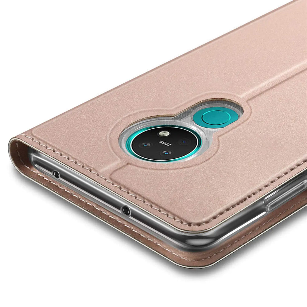Rosafarbene Kunstleder-Flip-Hülle für Nokia 3.4, Nahaufnahme von hinten, mit Kameraaussparung.