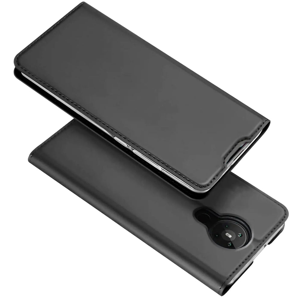 Schwarze Kunstleder-Flip-Hülle für Nokia 3.4, von oben schräg fotografiert.