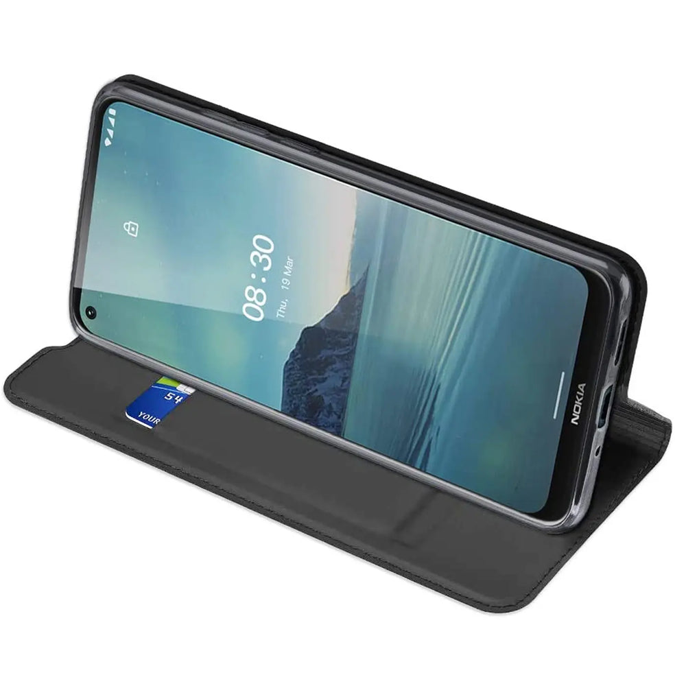 Graue Kunstleder-Flip-Hülle für Nokia 3.4, von vorne, mit Einsteckfach für Karte.