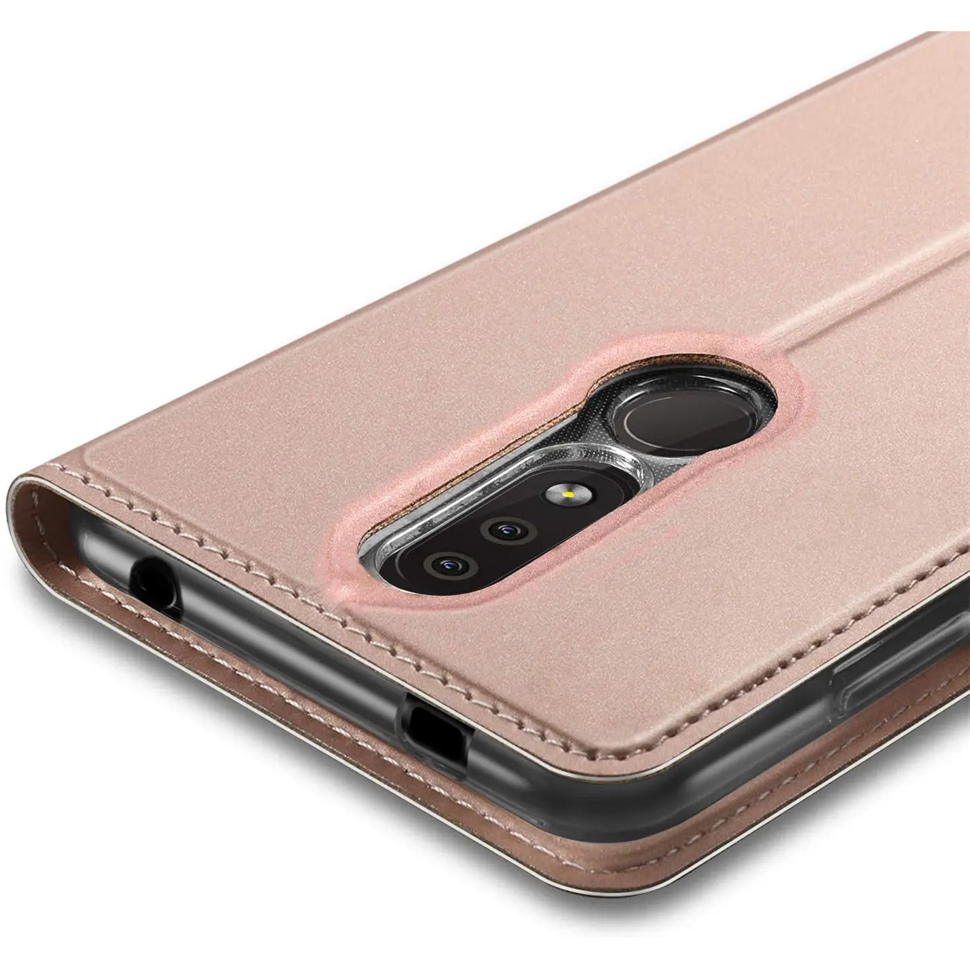 Metallic rosegoldene Klapphülle aus Kunstleder für Nokia 4.2, Nahaufnahme der Rückseite