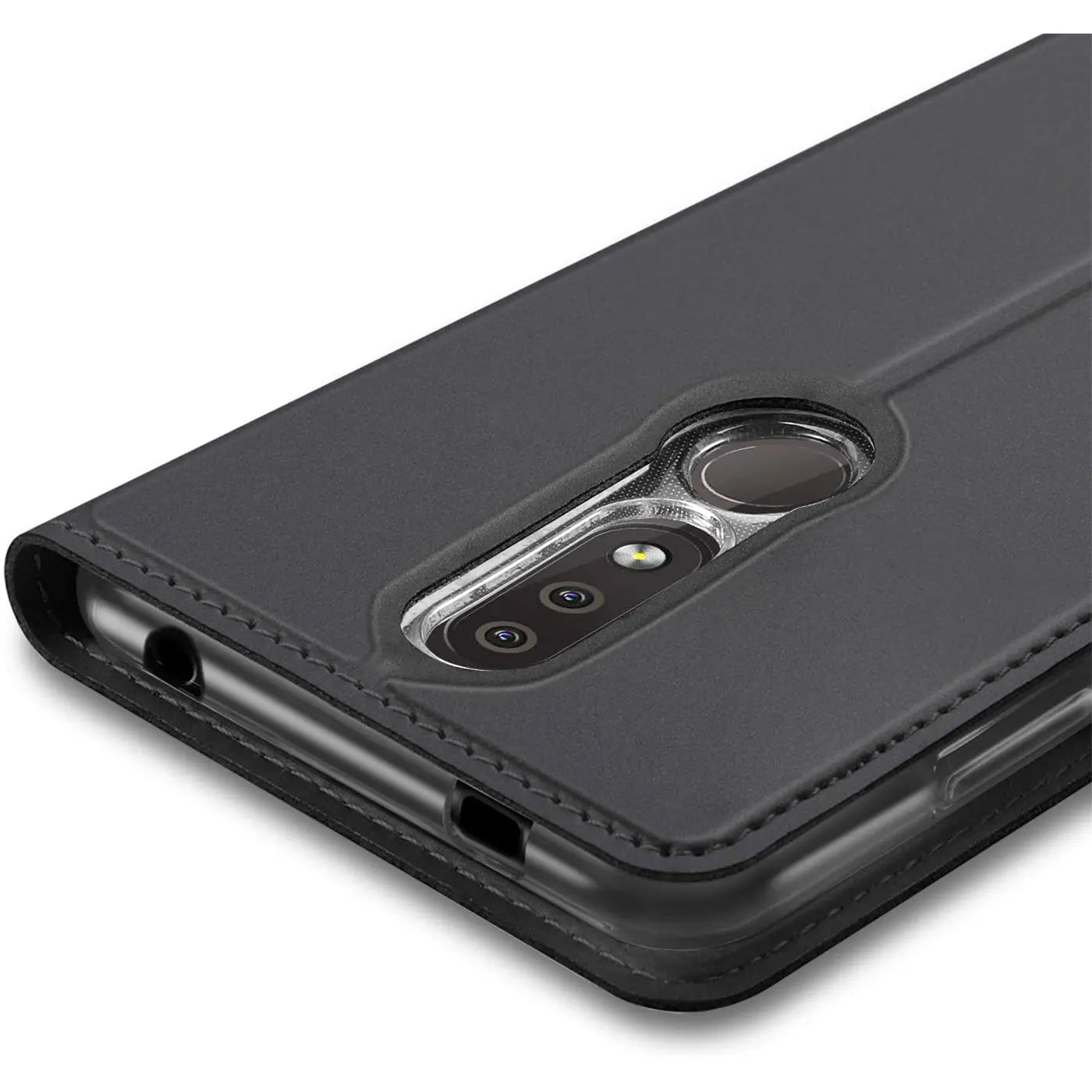 Graue Leder-Flip-Hülle zeigt Rückseite des Nokia 4.2 mit Kamera und Fingerabdrucksensor.