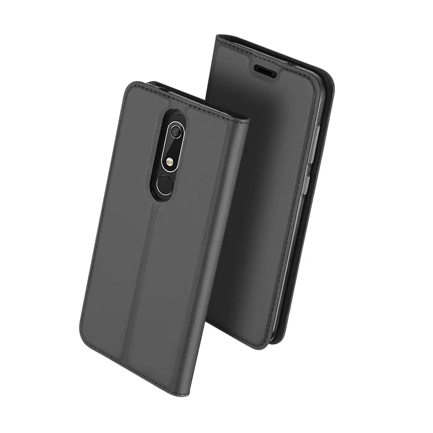 Graue Kunstleder-Flip-Hülle für Nokia 4.2, von vorne schräg gezeigt