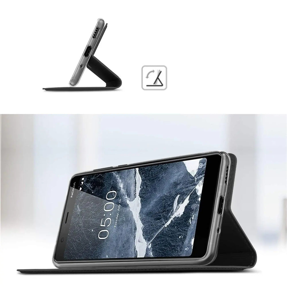 Schwarze Klapphülle aus Kunstleder für Nokia 4.2, seitliche Ansicht, aufgestellt