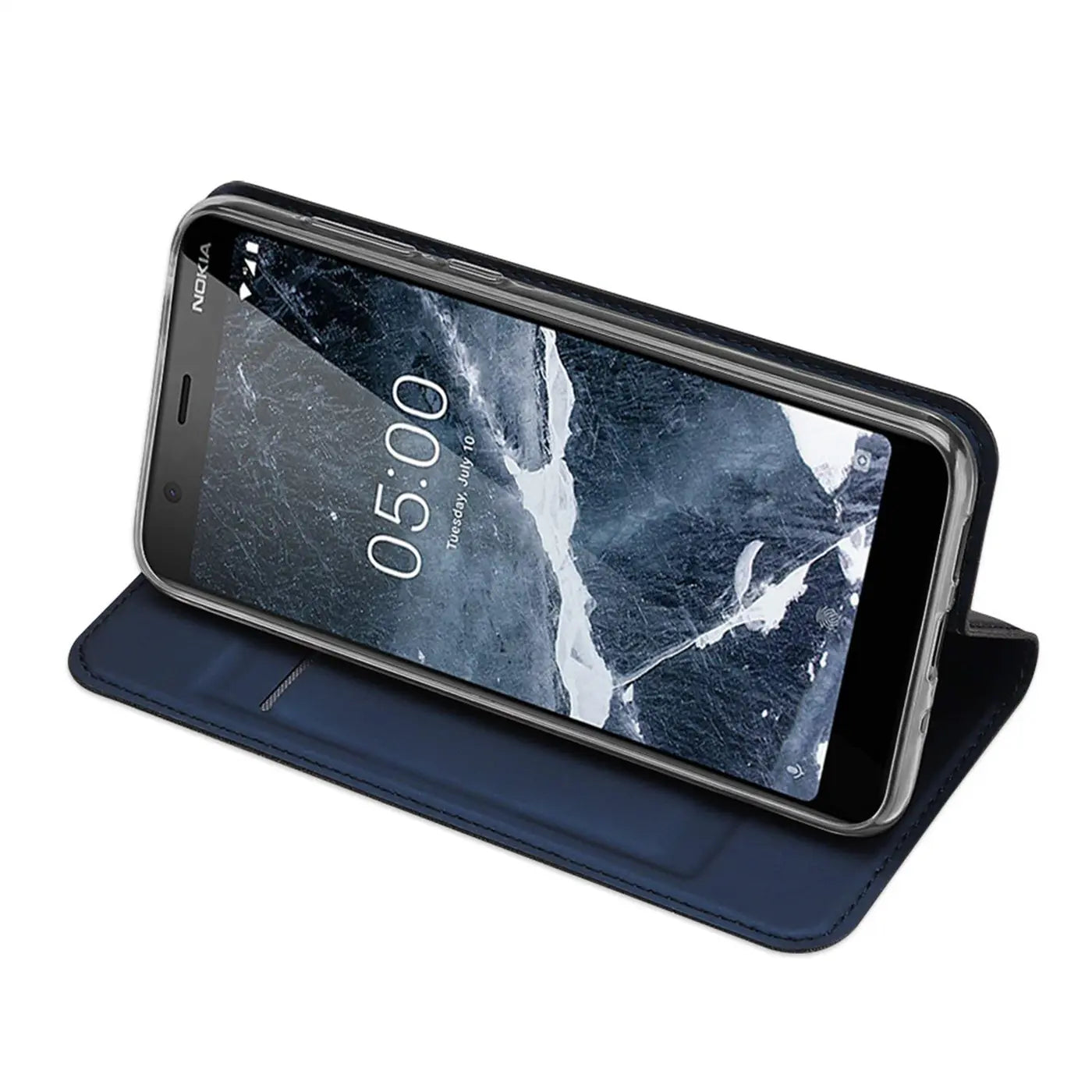 Dunkelblaue Leder-Klapphülle mit transparentem Rahmen für Nokia 5.1, Seitenansicht.
