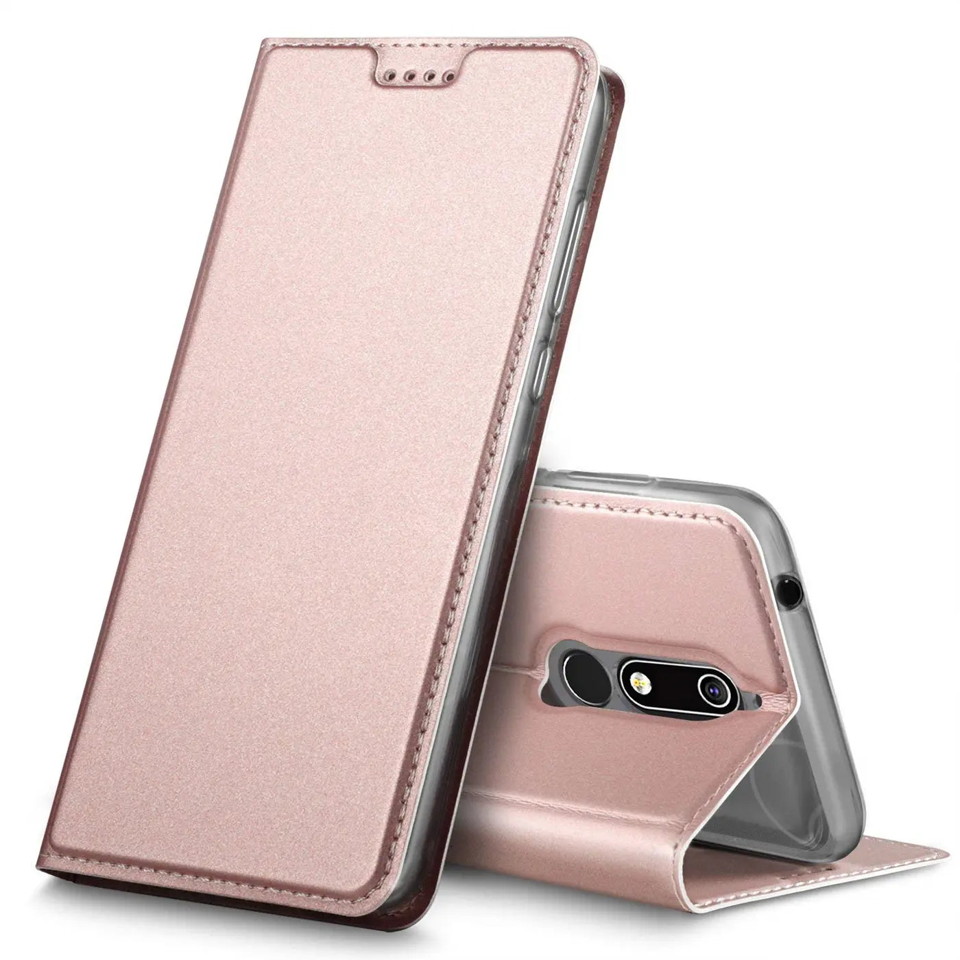 Metallic rosegoldene Klapphülle aus Kunstleder für Nokia 5.1, von vorne und hinten gezeigt.