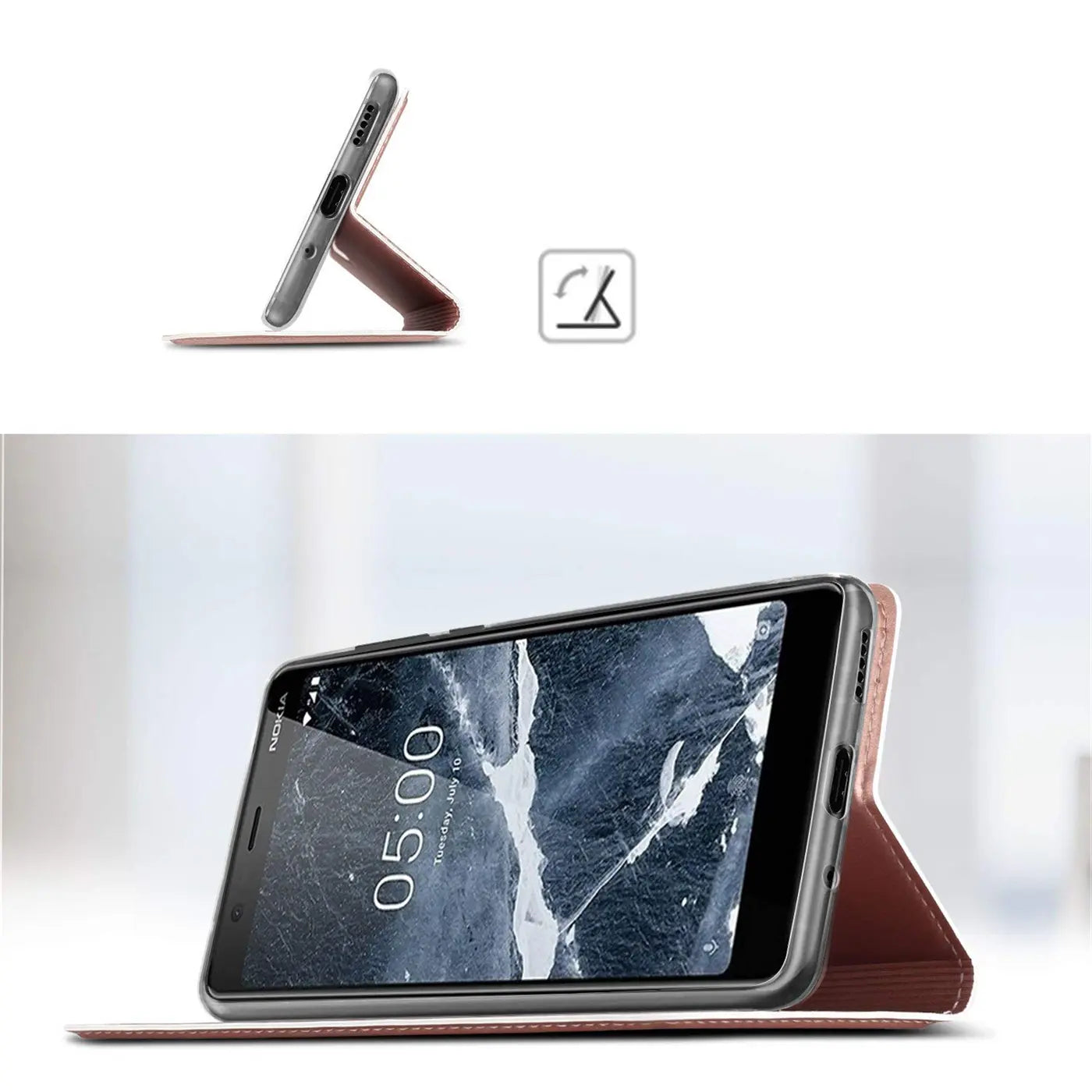 Nokia 5.1 in brauner Leder-Flip-Hülle, von vorne/leicht schräg, aufgestellt.