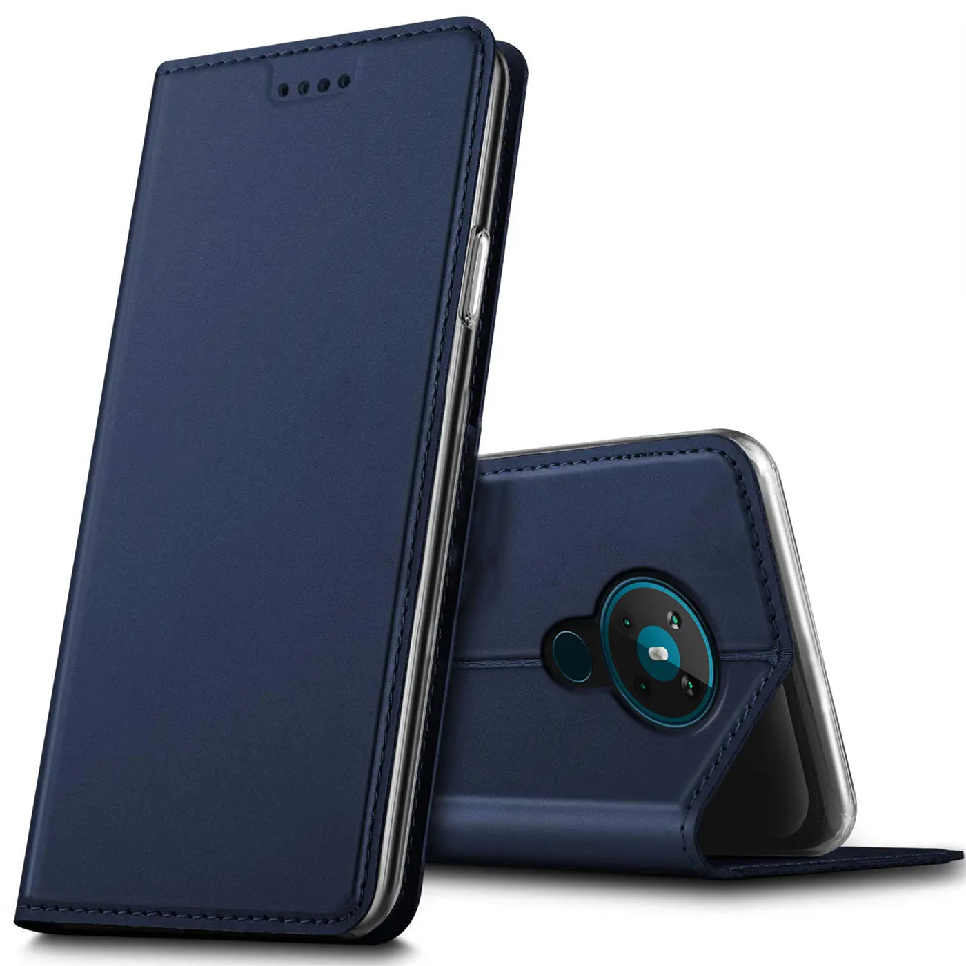 Dunkelblaue Leder-Flip-Hülle für Nokia 5.3, von vorne links, Rückseite sichtbar