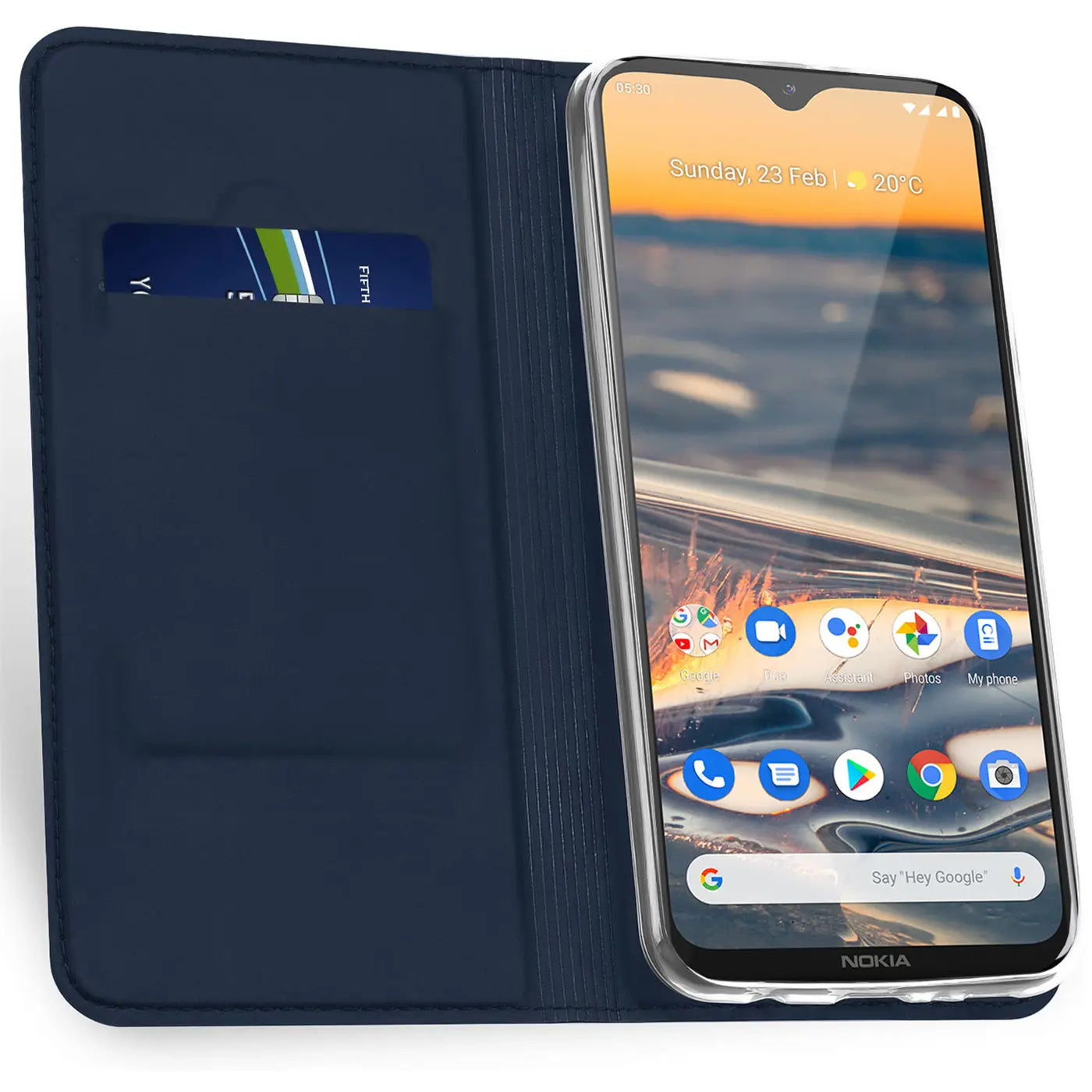 Dunkelblaue Klapphülle aus Kunstleder mit Kartenfach, zeigt Nokia 5.3, von vorne
