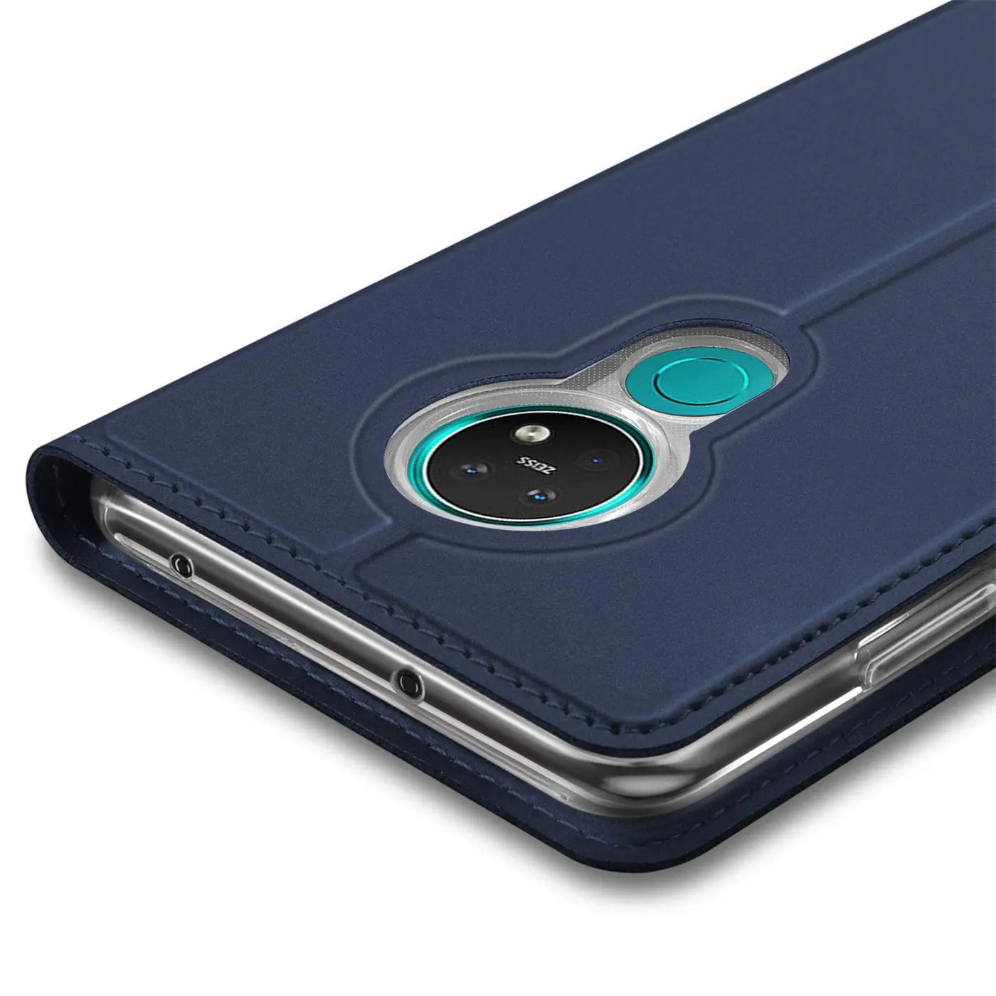 Dunkelblaue Leder-Flip-Hülle für Nokia 5.3, Nahaufnahme von hinten, mit Kameraaussparung.