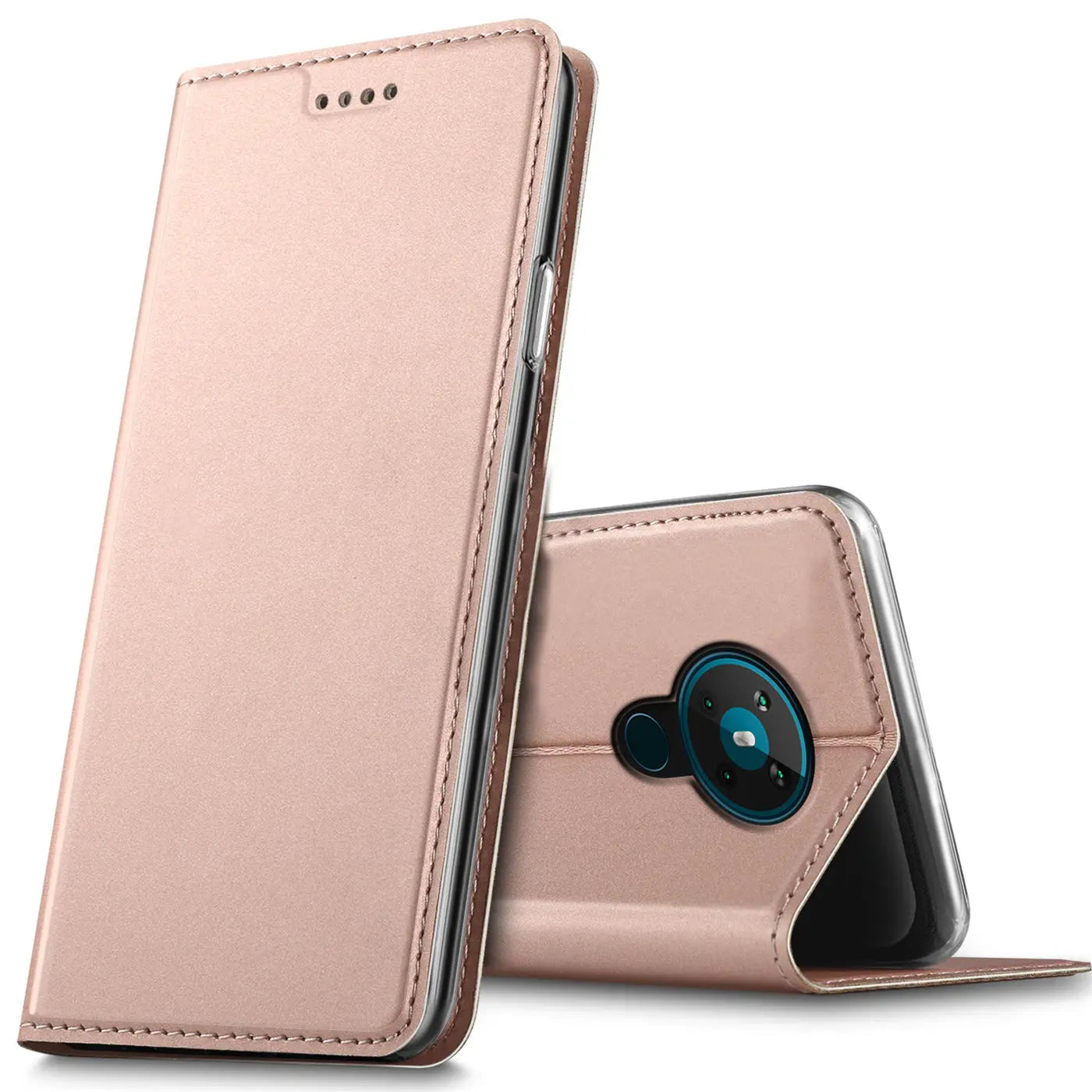 Metallic rosegoldene Klapphülle aus Kunstleder, Vorder- und Rückansicht, zeigt Nokia 5.3