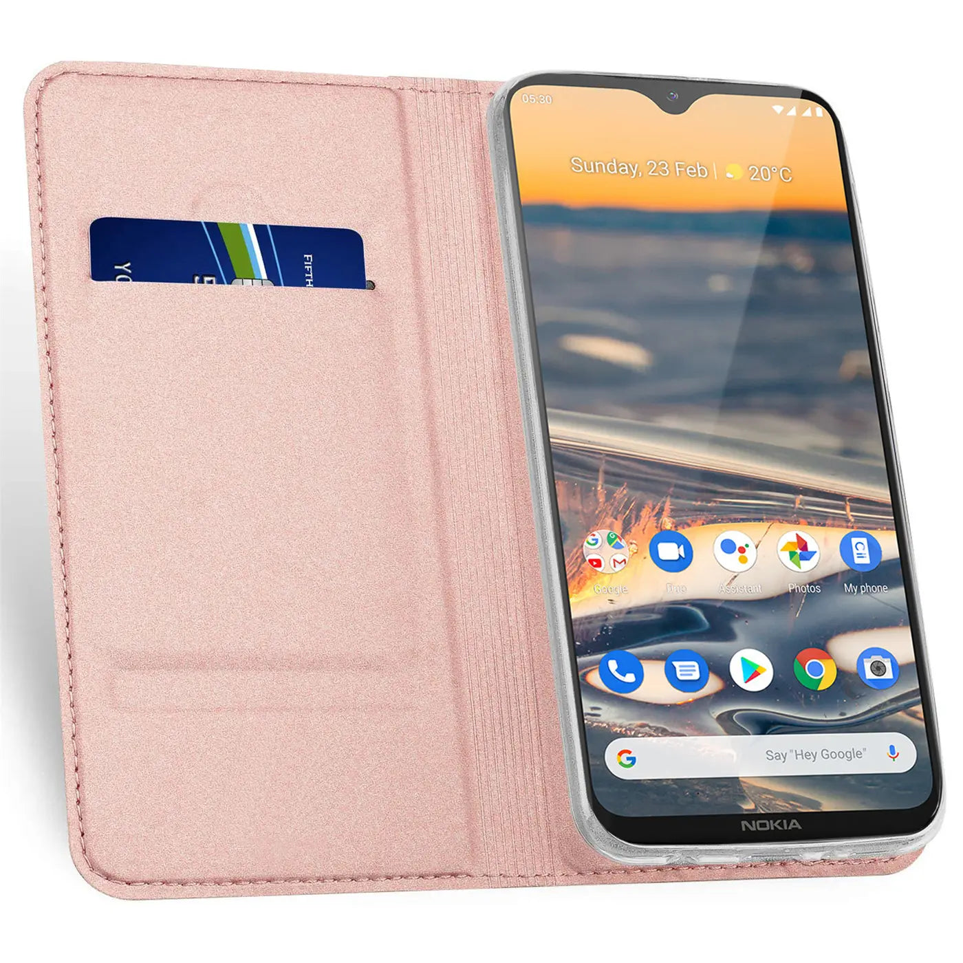 Rosa Klapphülle aus Kunstleder mit Kartenfach, zeigt Nokia 5.3 von vorne.