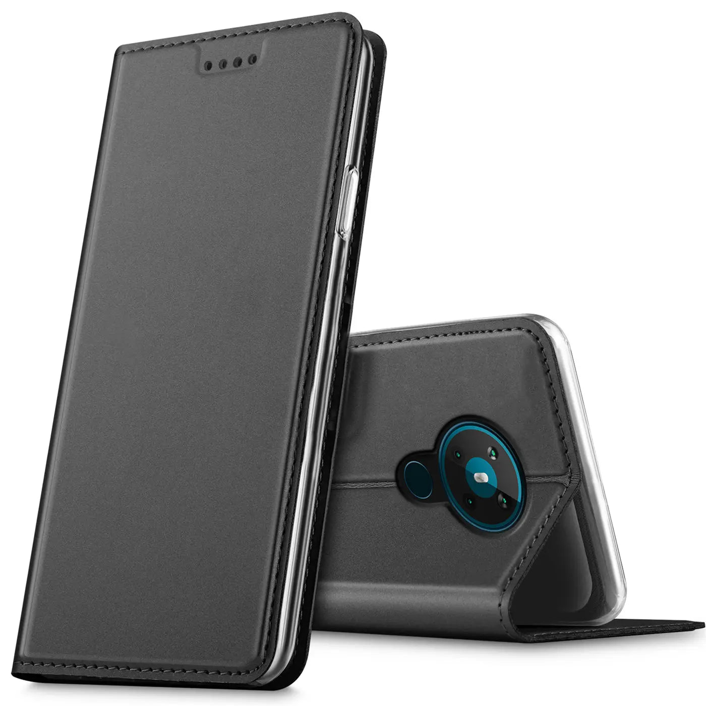 Graue Kunstleder-Flip-Hülle für Nokia 5.3, von vorne/seitlich, geschlossen und geöffnet.