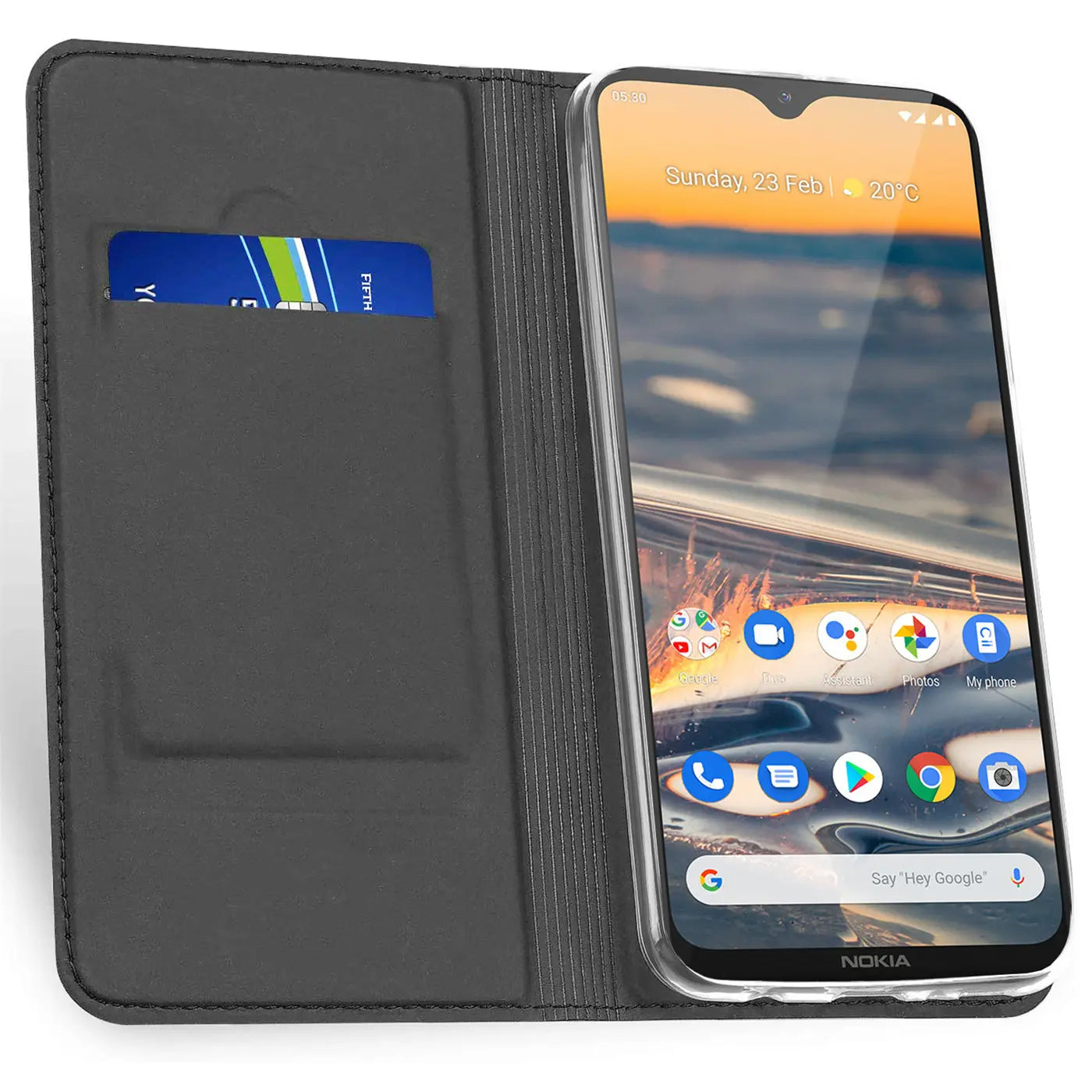 Graue Kunstleder-Flip-Hülle mit Kartenfach, zeigt Nokia 5.3 von vorne, leicht schräg.