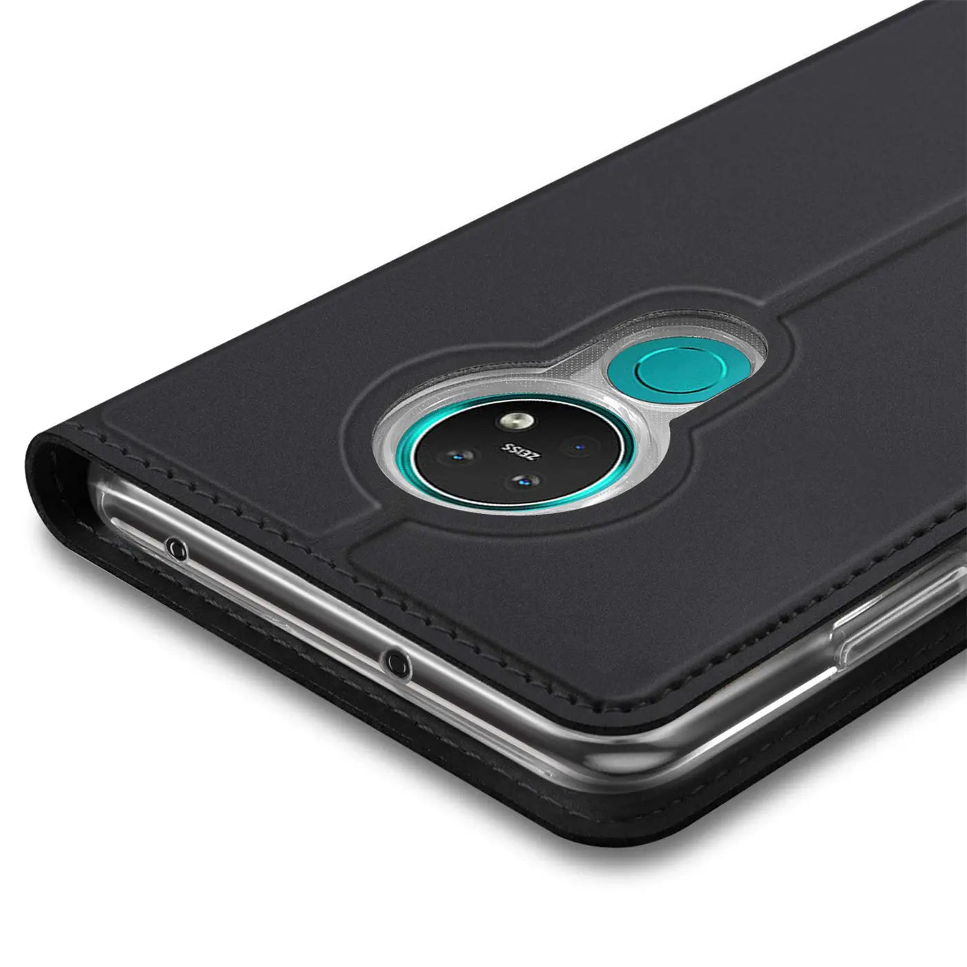 Schwarze Leder-Flip-Hülle für Nokia 5.3, Nahaufnahme, Rückseite mit Kamera