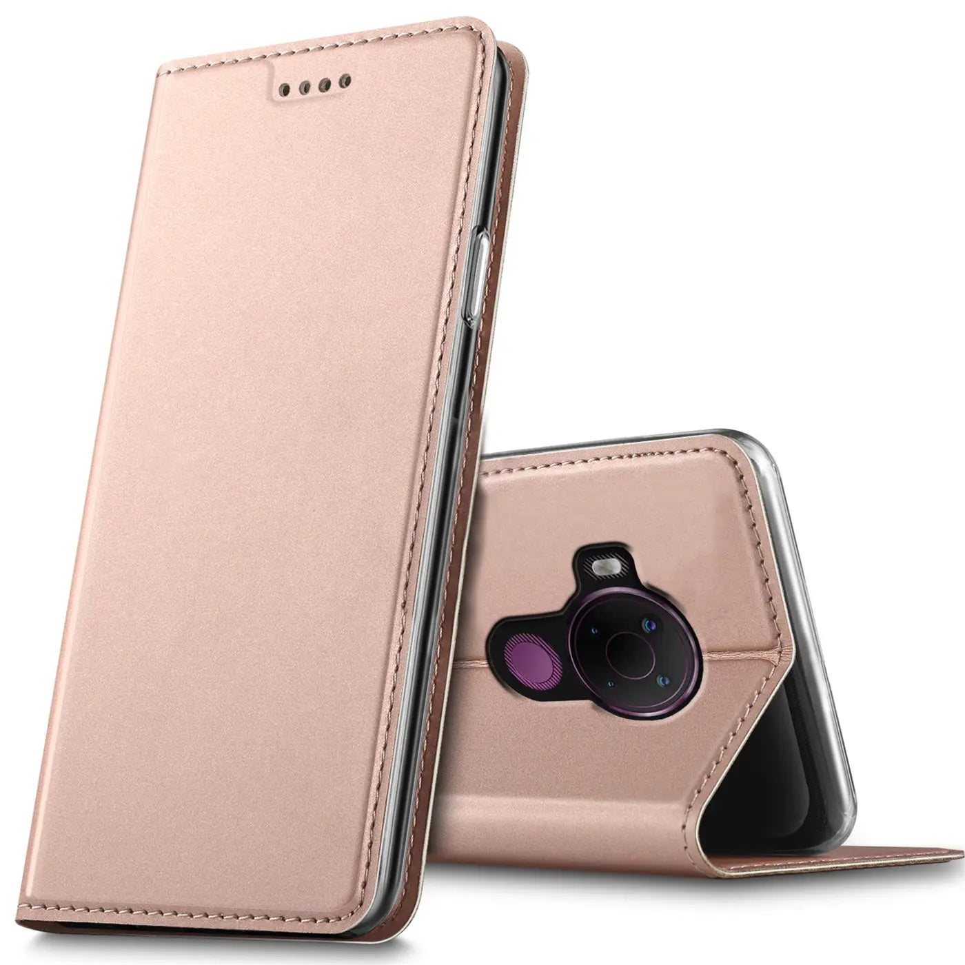 Rosafarbene Metallic-Flip-Hülle aus Kunstleder für Nokia 5.4, von vorne und hinten gezeigt.