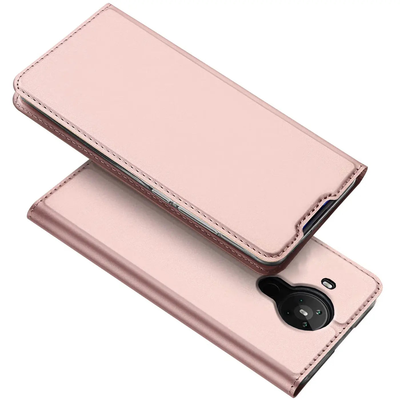 Rosafarbene Klapphülle aus Kunstleder für Nokia 5.4, von schräg oben fotografiert.