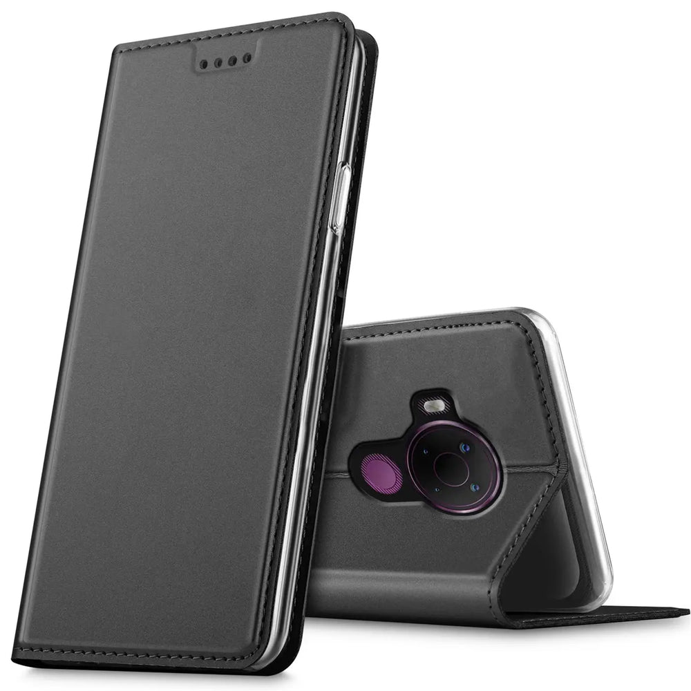 Graue Kunstleder-Flip-Hülle für Nokia 5.4, von vorne und hinten gezeigt.