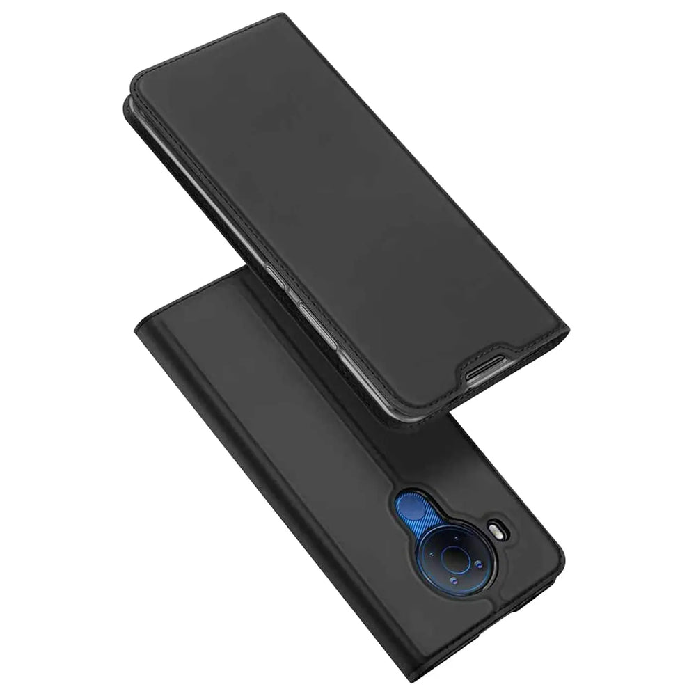 Schwarze Kunstleder-Flip-Hülle für Nokia 5.4, von oben schräg fotografiert.