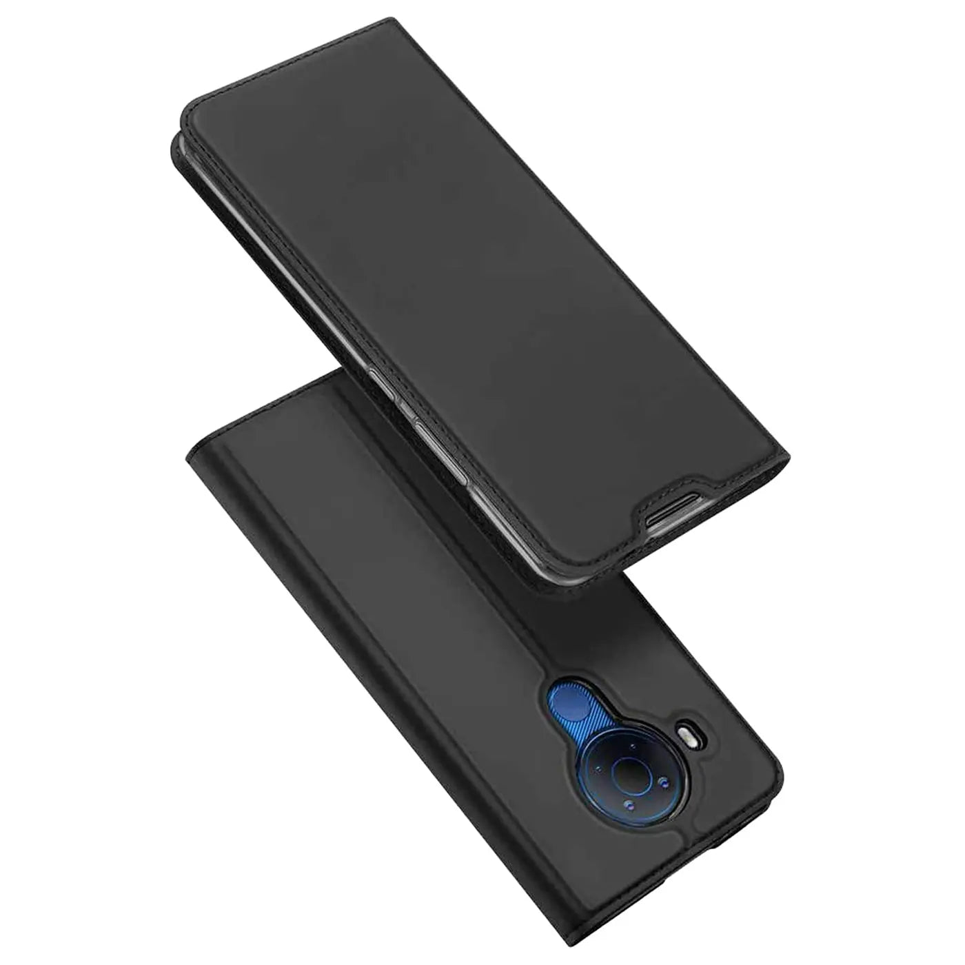 Schwarze Kunstleder-Flip-Hülle für Nokia 5.4, von oben schräg fotografiert.