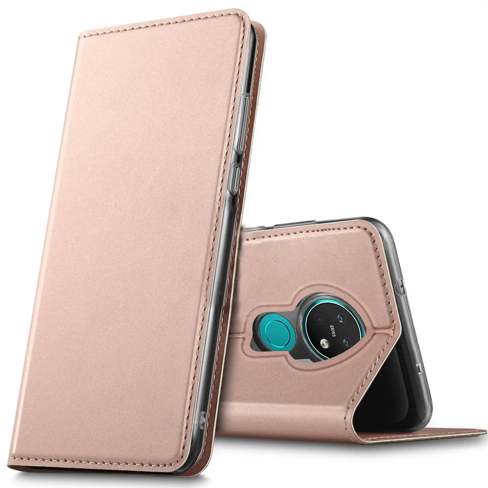 Metallic rosegoldene Klapphülle aus Kunstleder für Nokia 7.2, von vorne und hinten gezeigt.