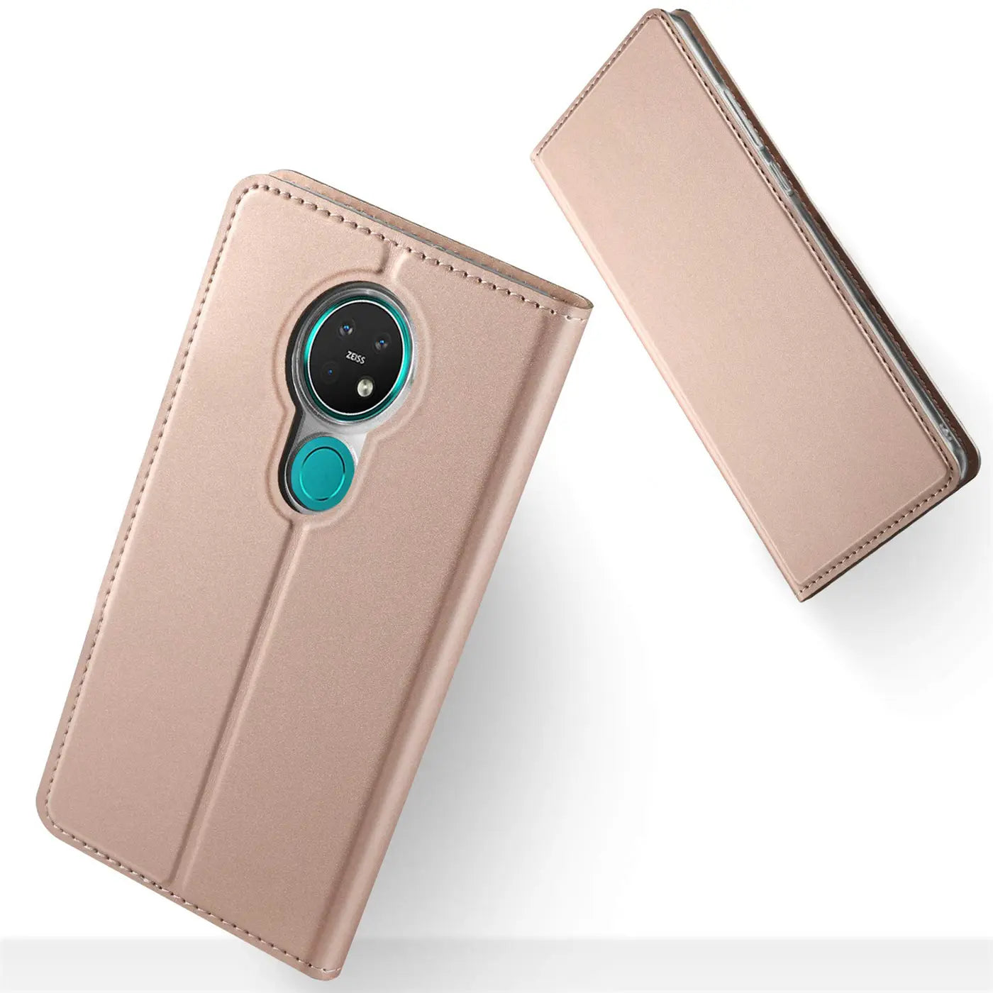 Rosafarbene Metallic-Flip-Hülle aus Kunstleder für Nokia 7.2, von oben schräg fotografiert.