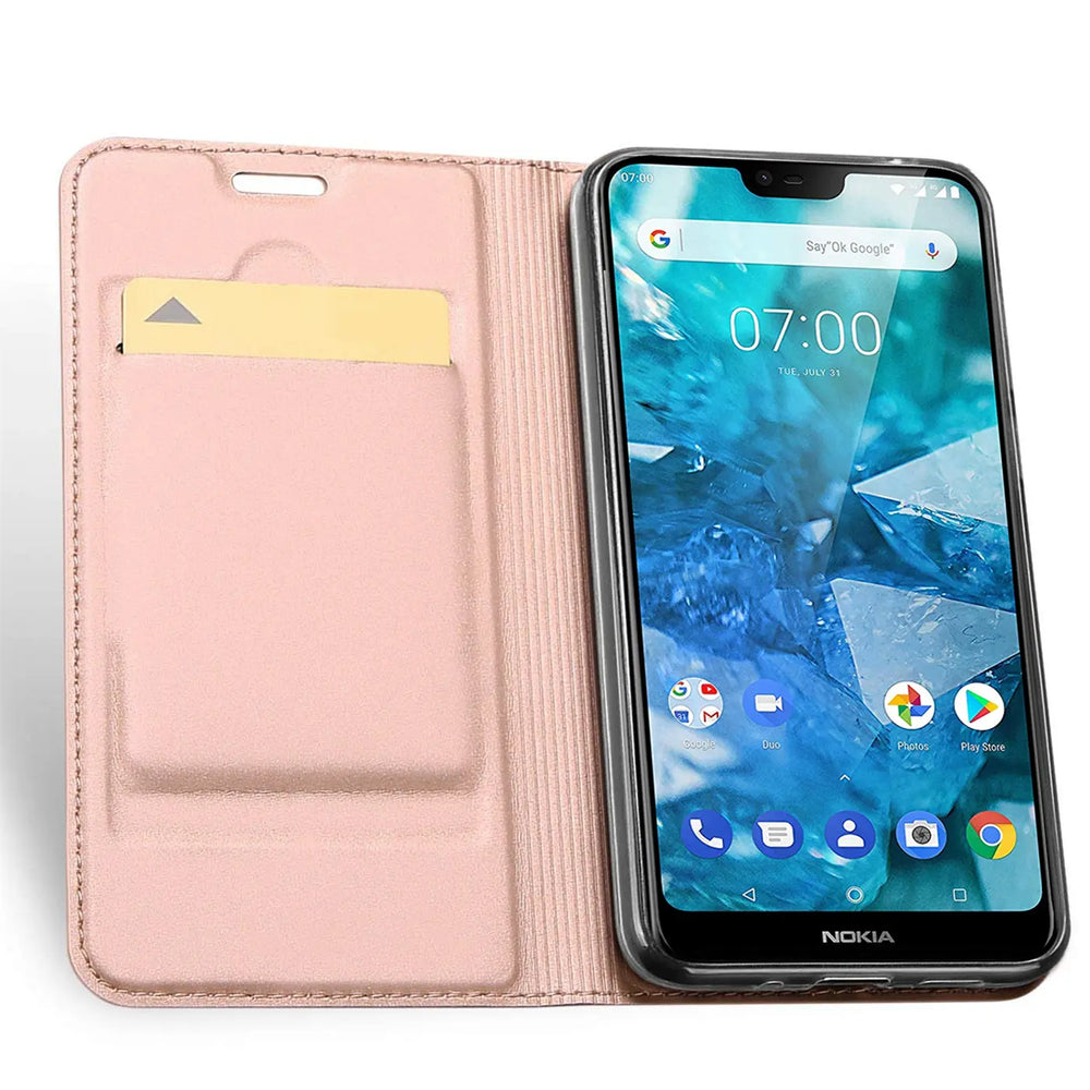 Rosa Kunstleder-Flip-Hülle mit Kartenfach für Nokia 7.2, von vorne gezeigt