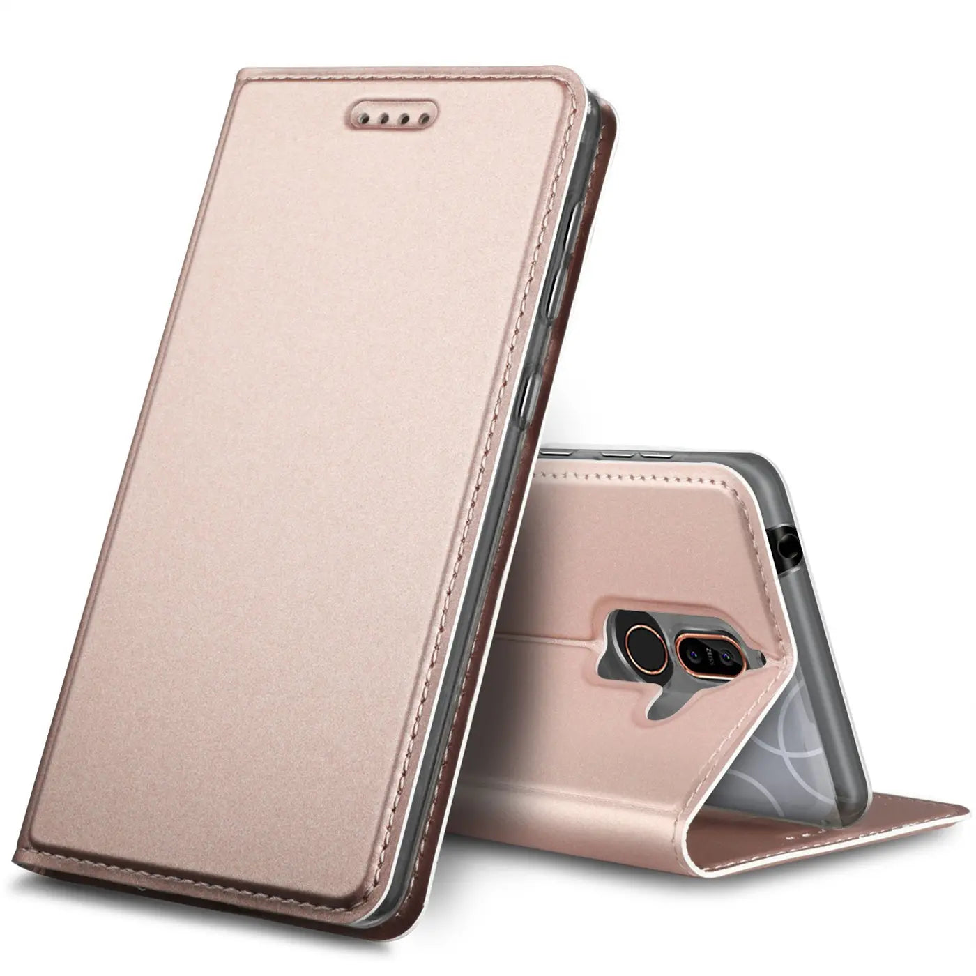 Metallic Flip Hülle in Roségold für Nokia 8.1, Lederoptik, von vorne/seitlich