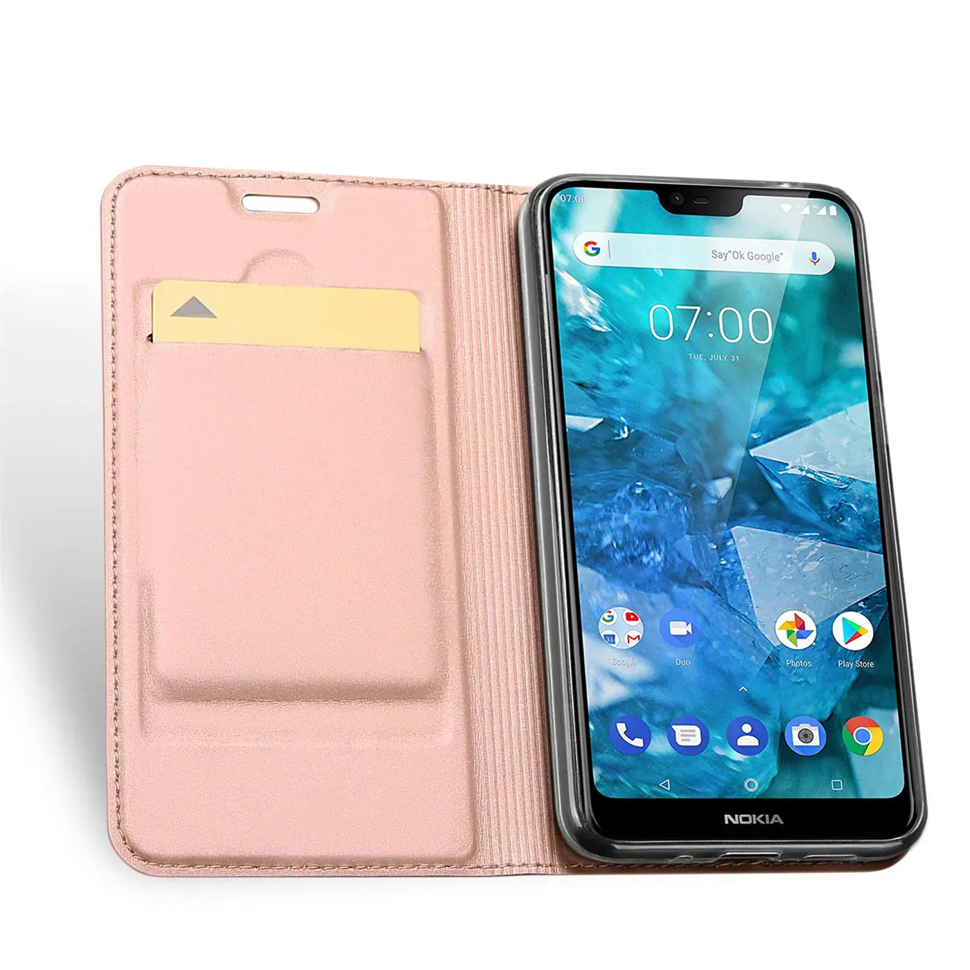Rosa Kunstleder-Flip-Hülle mit Kartenfach, zeigt Nokia 8.1, von vorne