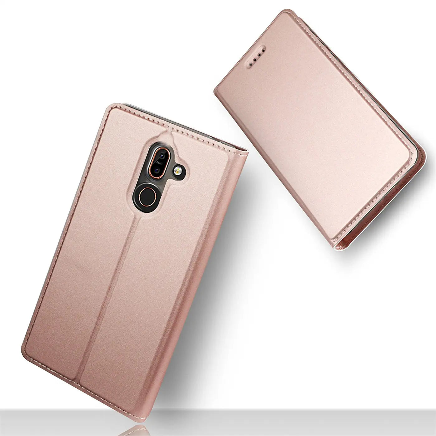 Roségoldene Klapphülle aus Kunstleder für Nokia 8.1, Rückseite mit Kameraaussparung.