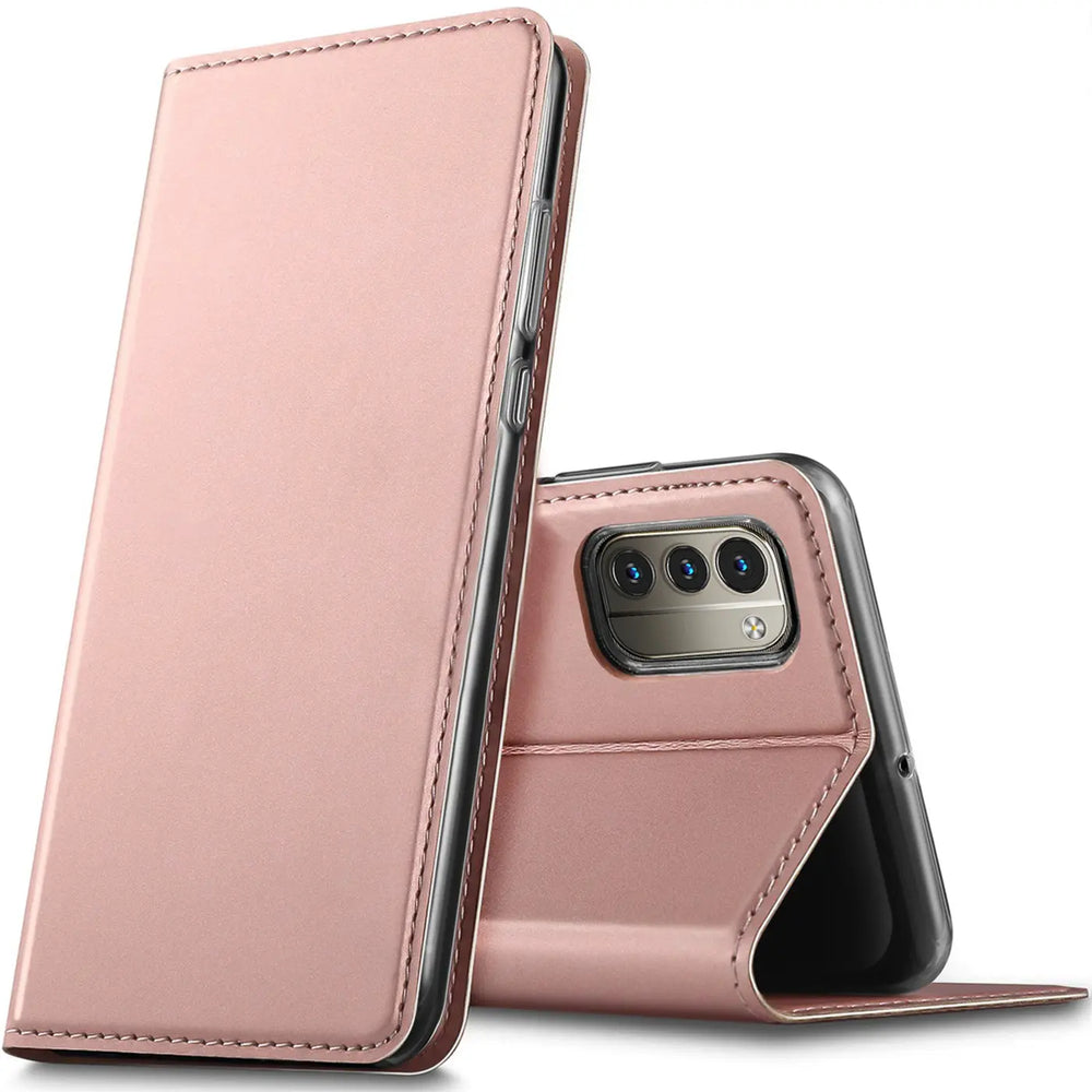 Rosa Metallic Flip Hülle, Leder, von vorne, Nokia G11/G21 sichtbar.