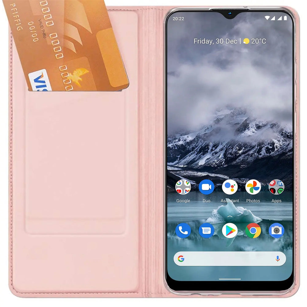 Rosa Kunstleder-Flip-Hülle mit Kartenfach, zeigt Nokia G11/G21.