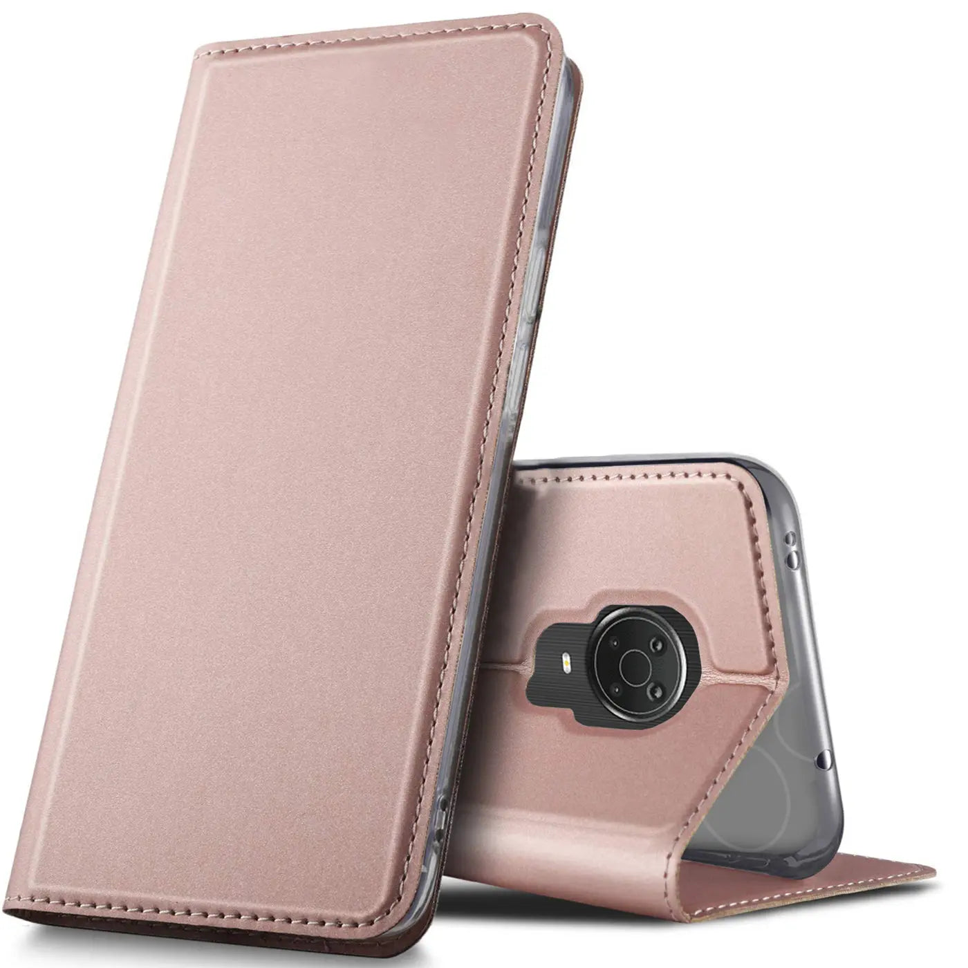 Metallicrose Flip Hülle aus Kunstleder, Nokia G20/G10 sichtbar, von vorne links