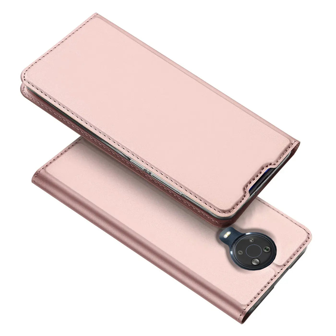 Roségoldene Metallic-Flip-Hülle aus Kunstleder für Nokia G20/G10, von oben fotografiert.