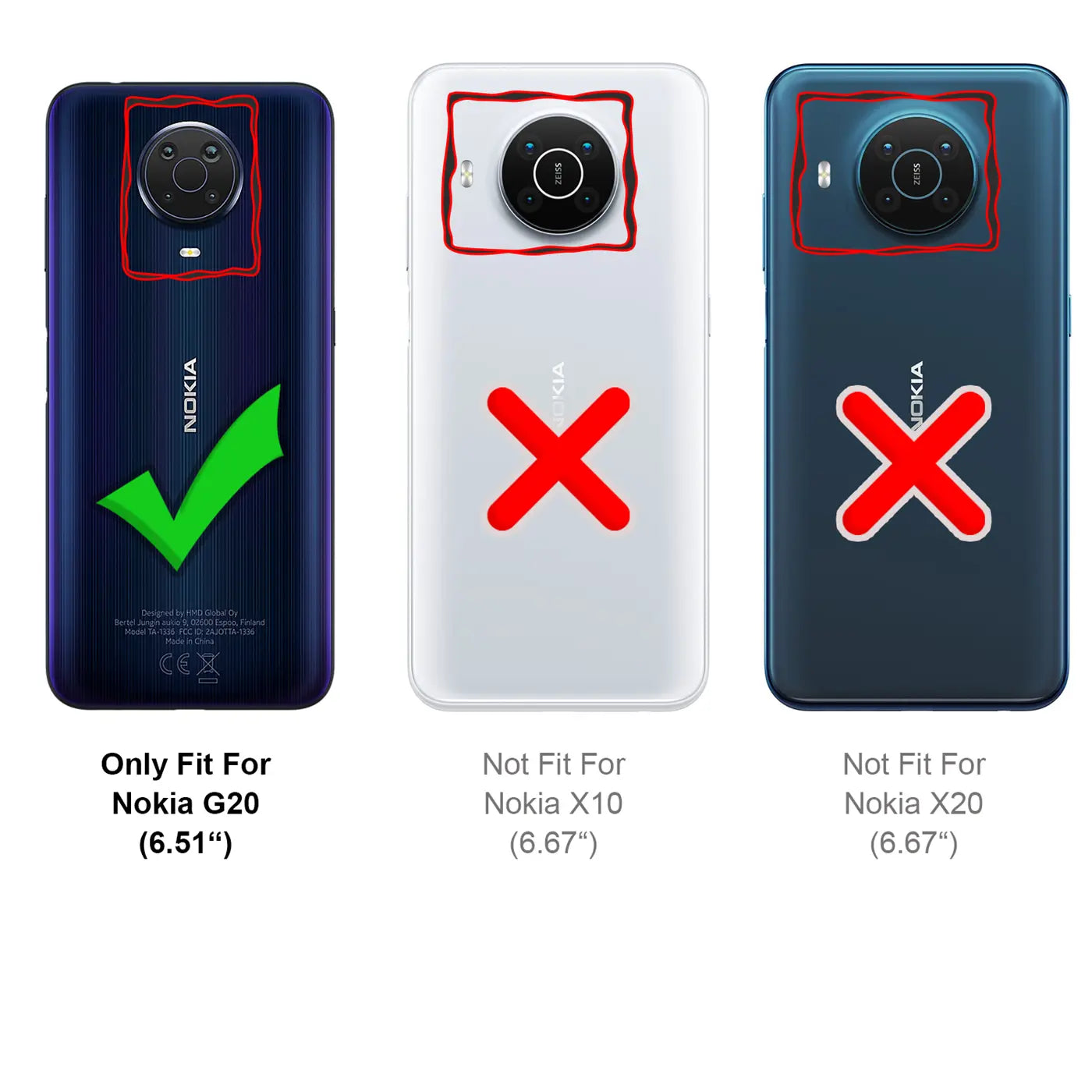 Drei Handy-Rückseiten: Nokia G20 (grüner Haken), Nokia X10 & X20 (rotes Kreuz).