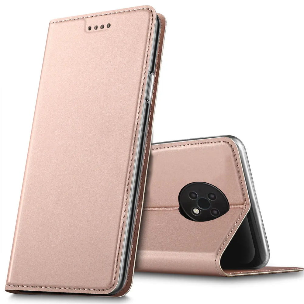 Roséfarbene Klapphülle aus Kunstleder für Nokia G50, von vorne und hinten gezeigt.