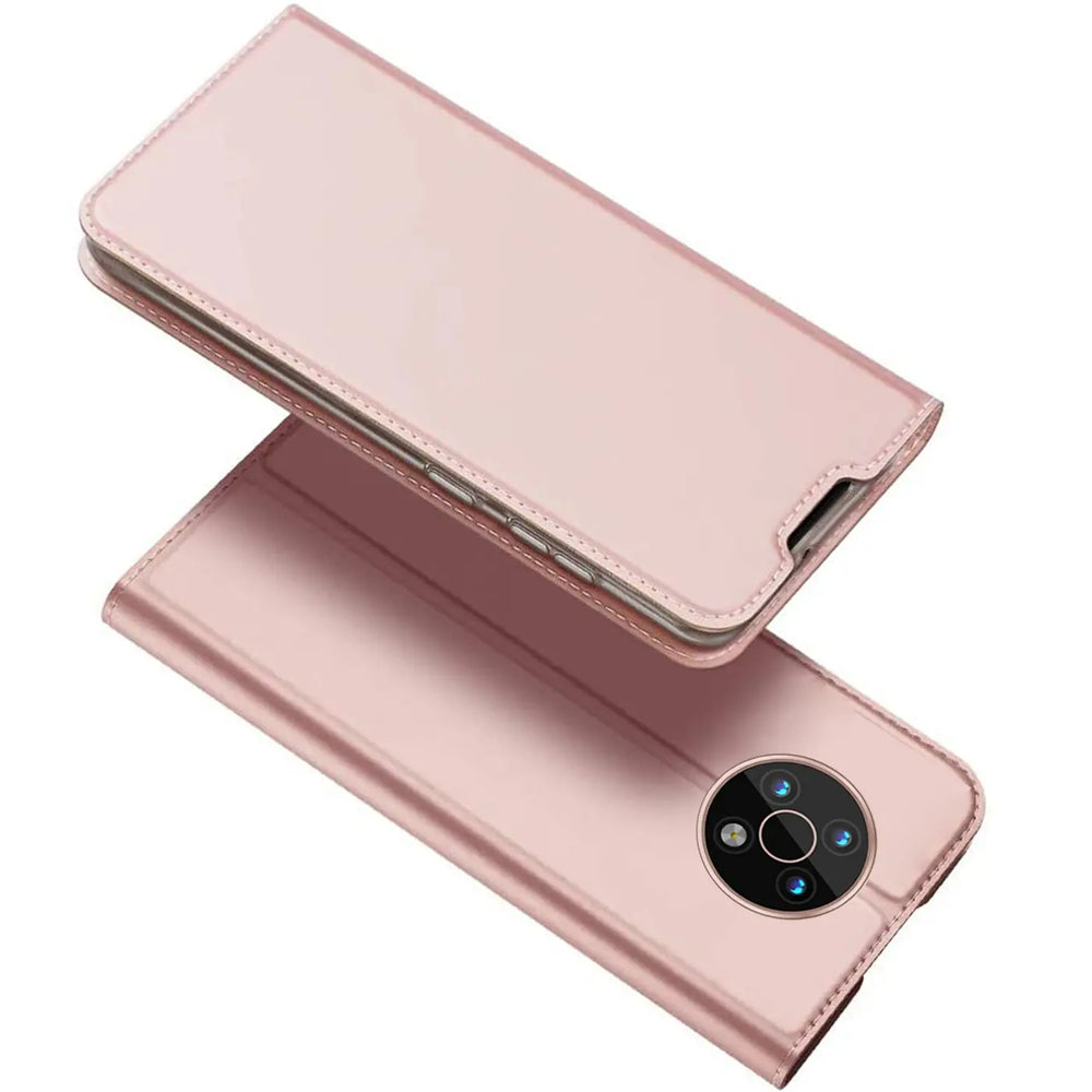 Metallic-rosé Flip Hülle aus Kunstleder für Nokia G50, von oben/schräg gezeigt.