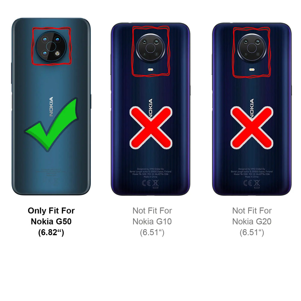 Rückseite Nokia G50 (6.82") mit Haken, Nokia G10/G20 (6.51") mit Kreuzen.