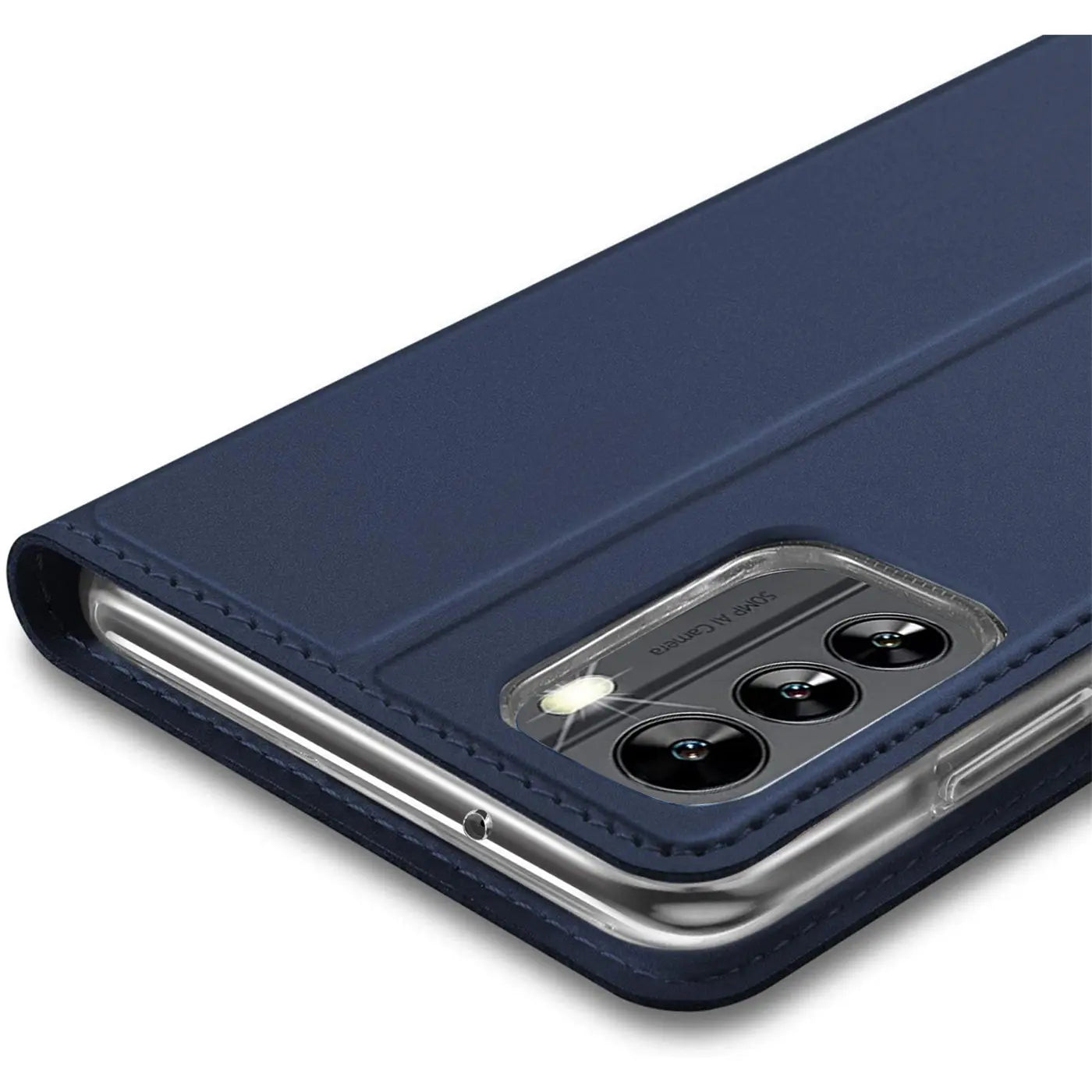 Dunkelblaue Leder-Flip-Hülle für Nokia G60 5G, Nahaufnahme von hinten.