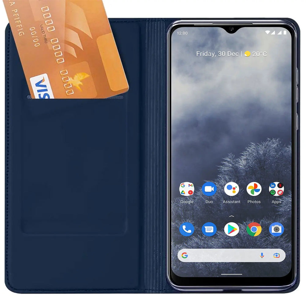 Dunkelblaue Kunstleder-Flip-Hülle mit Kartenfach, zeigt Nokia G60 5G.