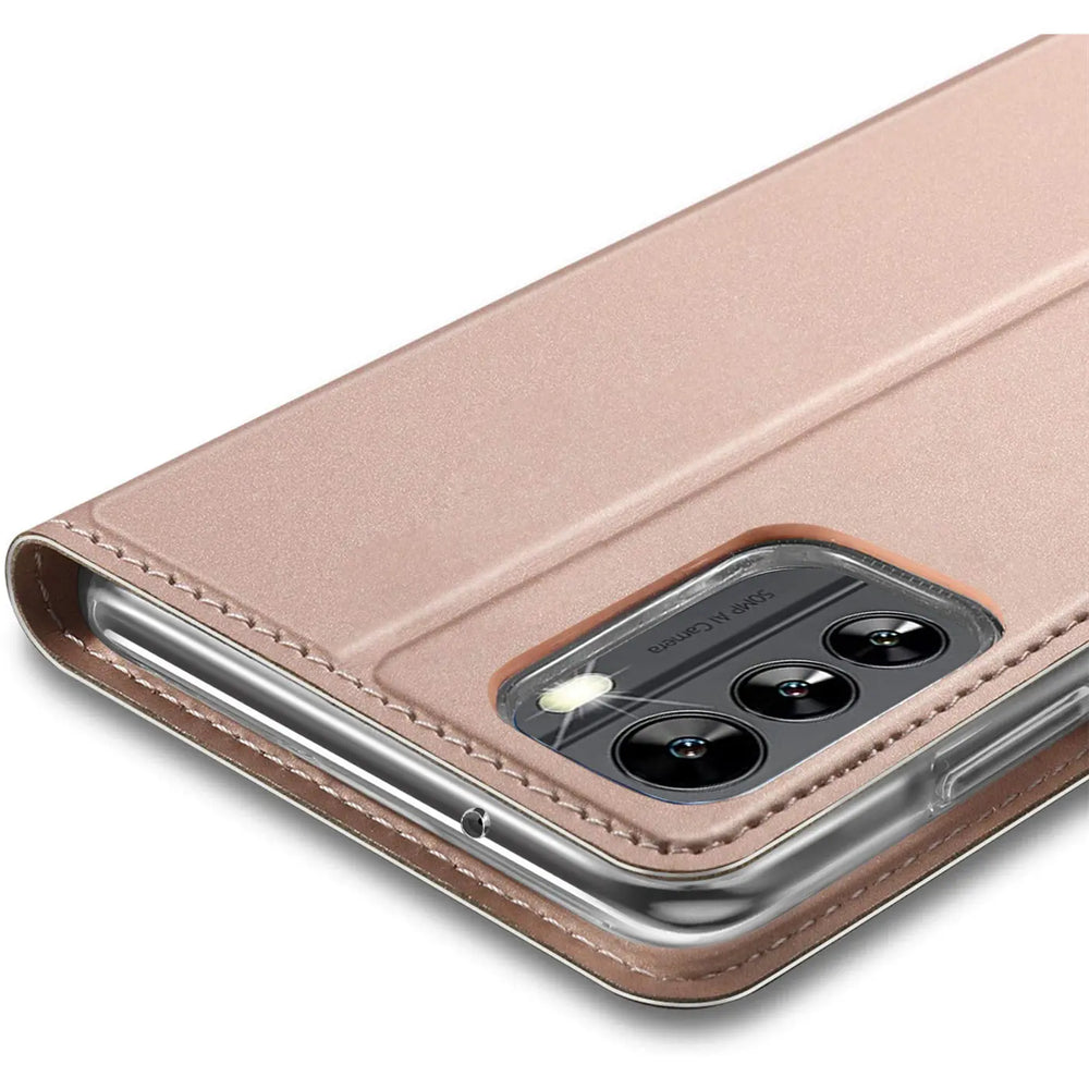 Rosafarbene Klapphülle aus Lederimitat für Nokia G60 5G, Nahaufnahme von der Rückseite.