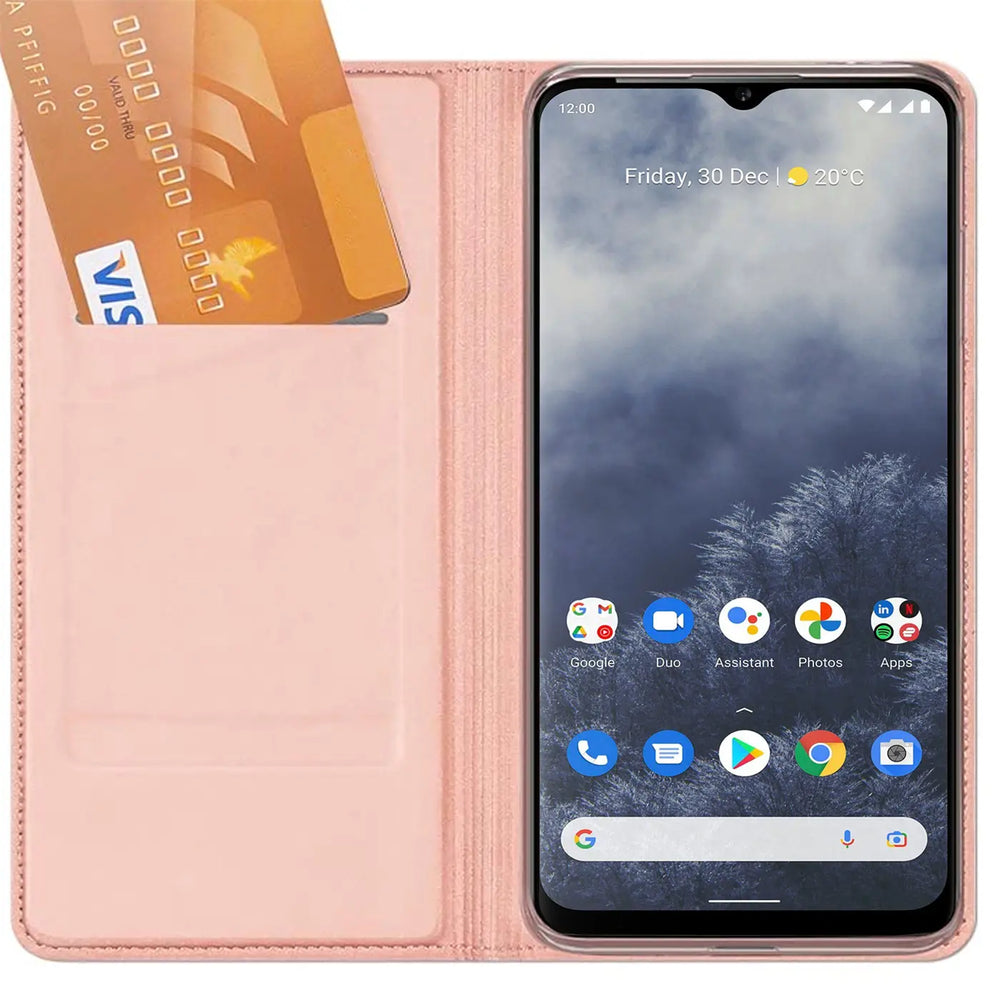 Rosa Kunstleder-Flip-Hülle mit Kartenfach, zeigt Nokia G60 5G, von vorne