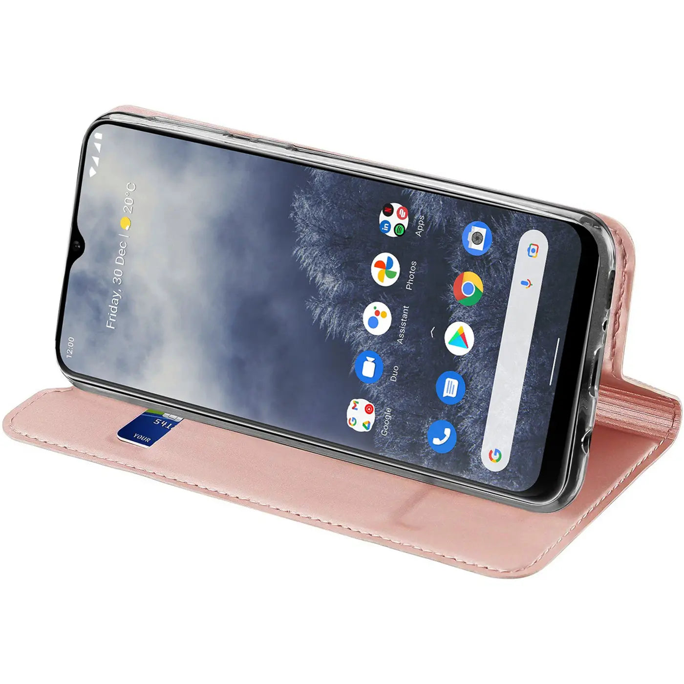 Rosa Kunstleder-Flip-Hülle mit Kreditkartenfach für Nokia G60 5G, Seitenansicht.