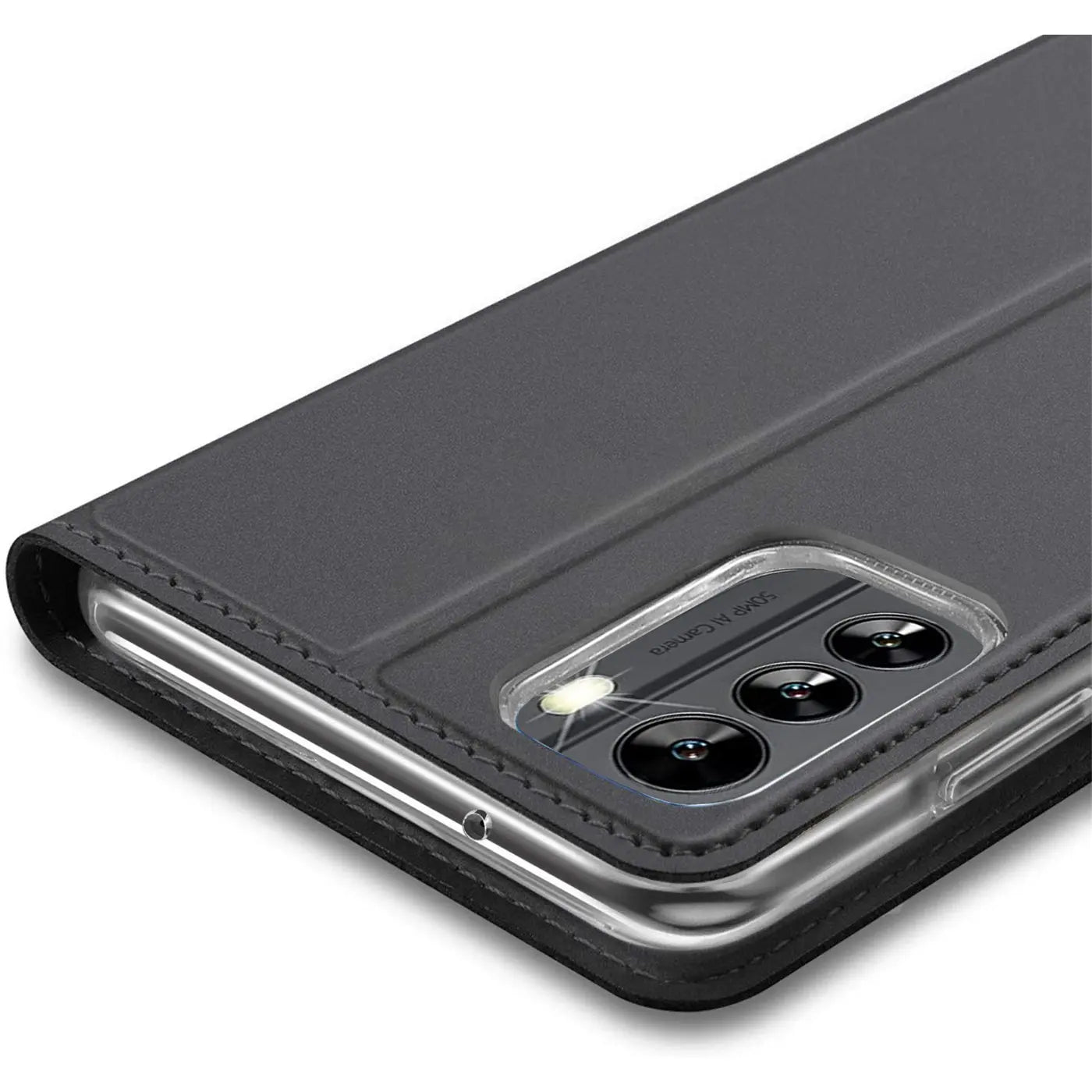 Dunkelgraue Kunstleder-Flip-Hülle für Nokia G60 5G, Nahaufnahme der Rückseite.