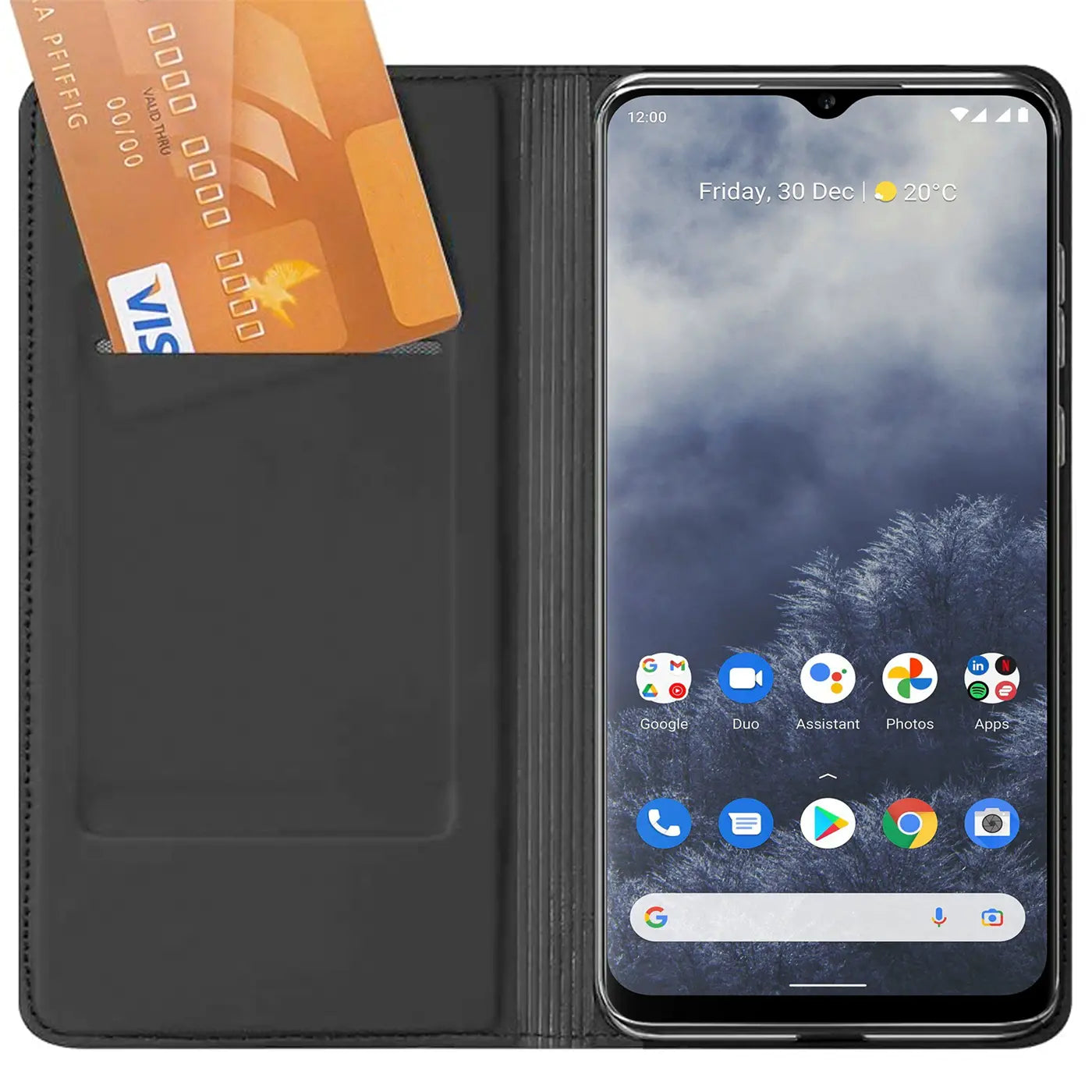 Schwarze Leder-Flip-Hülle mit zwei Kreditkartenfächern, zeigt Nokia G60 5G.